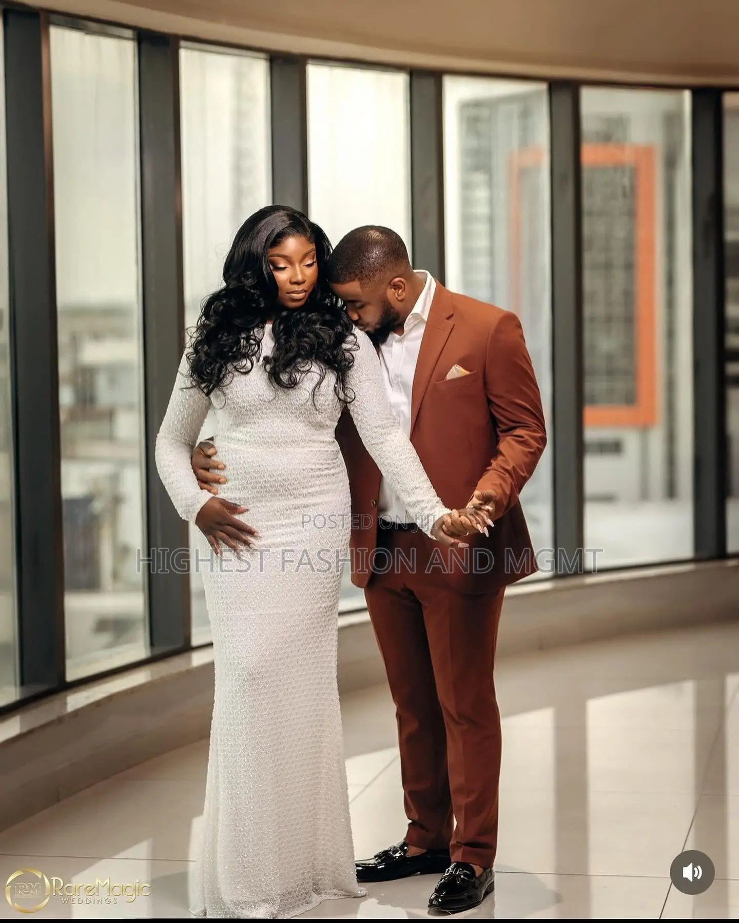 Pearl-White Long-Sleeve Maxi Gown Tailored Sienna-Brown Suit