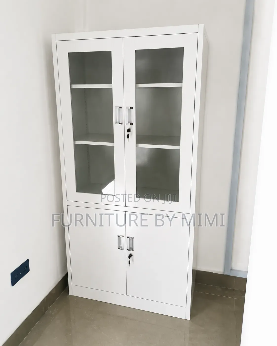 Brand New Modern White Steel Filing Cabinet–Half Glass & Dual Lockable