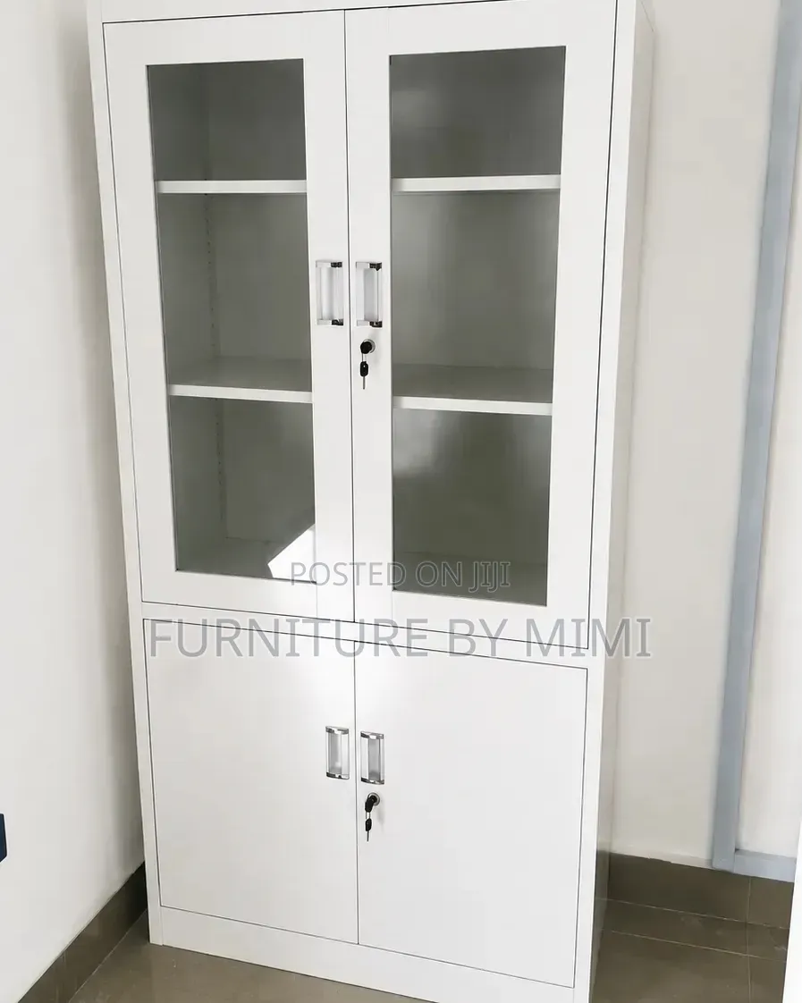Brand New Modern White Steel Filing Cabinet–Half Glass & Dual Lockable