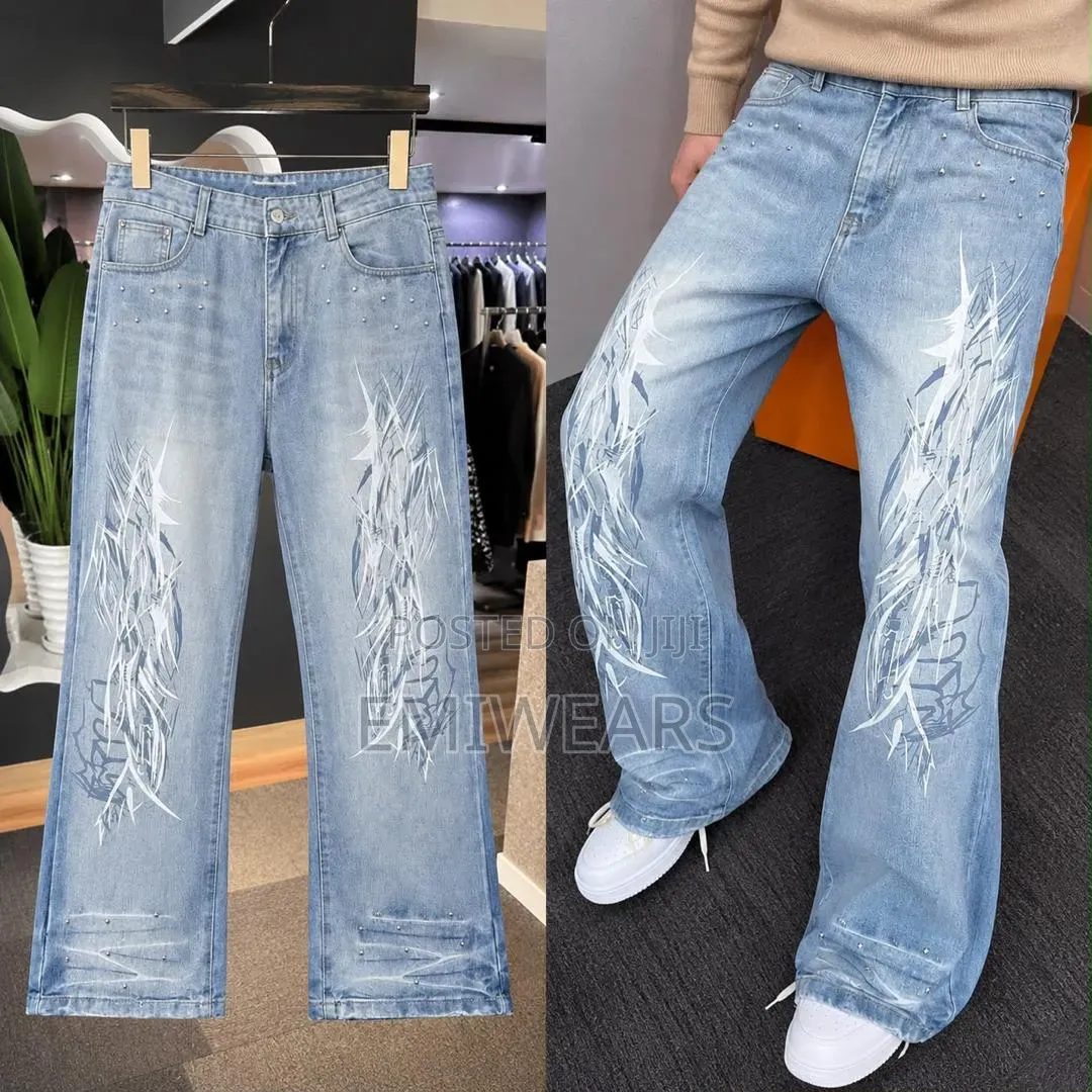 Blue Flared Jeans With Gothic Print Wreath Logo – Wide Leg Denim