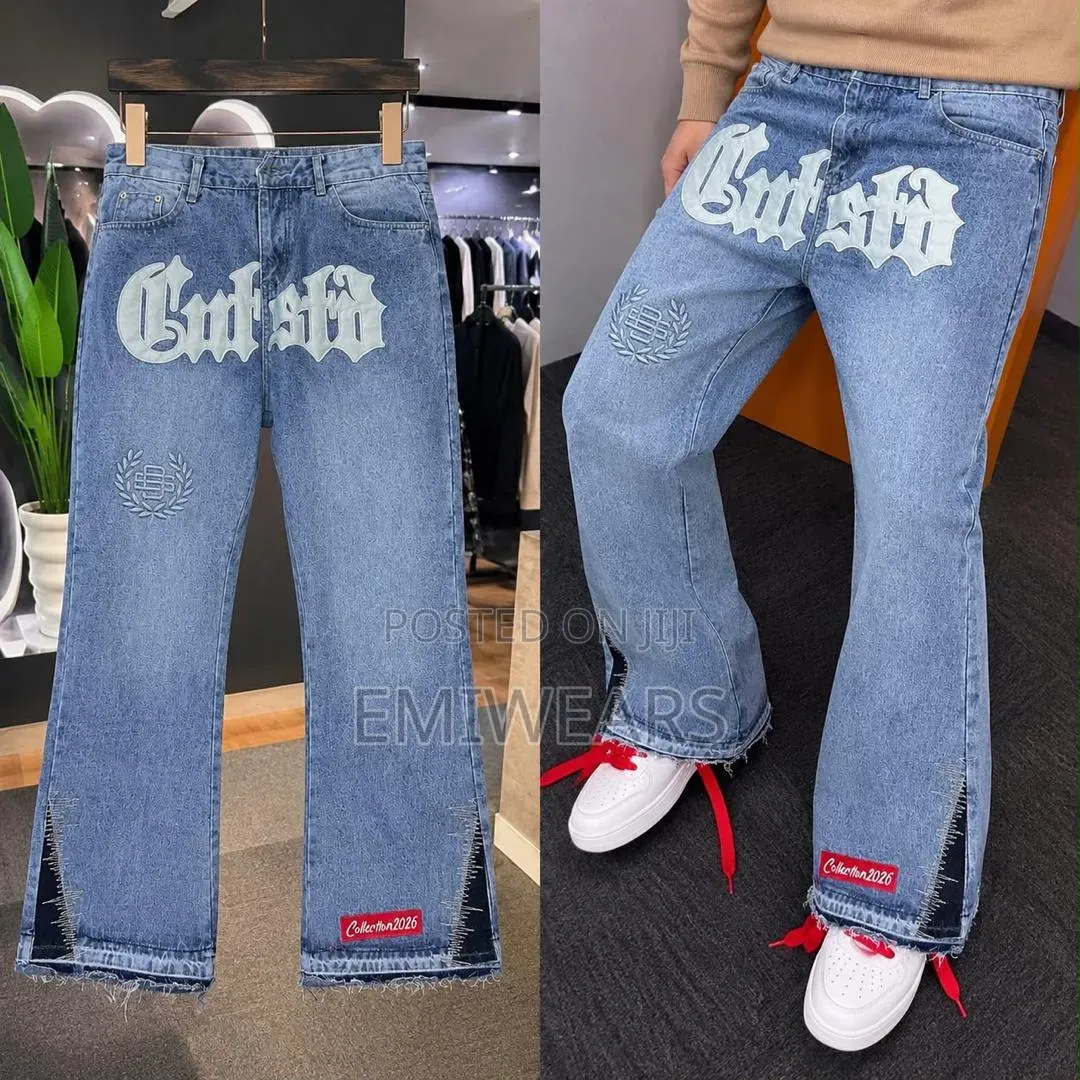 Blue Flared Jeans With Gothic Print Wreath Logo – Wide Leg Denim