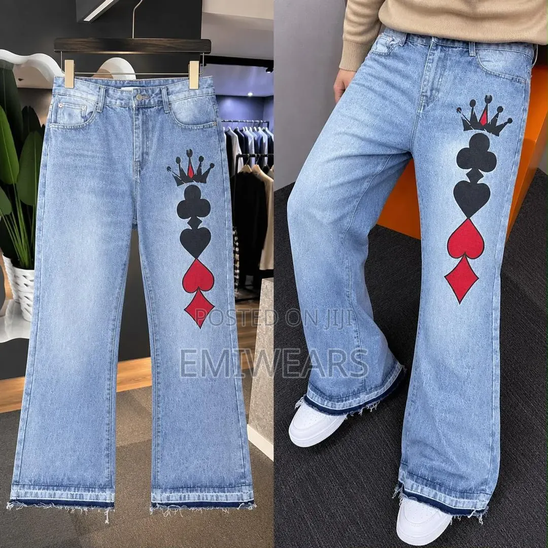 Blue Flared Jeans With Gothic Print Wreath Logo – Wide Leg Denim
