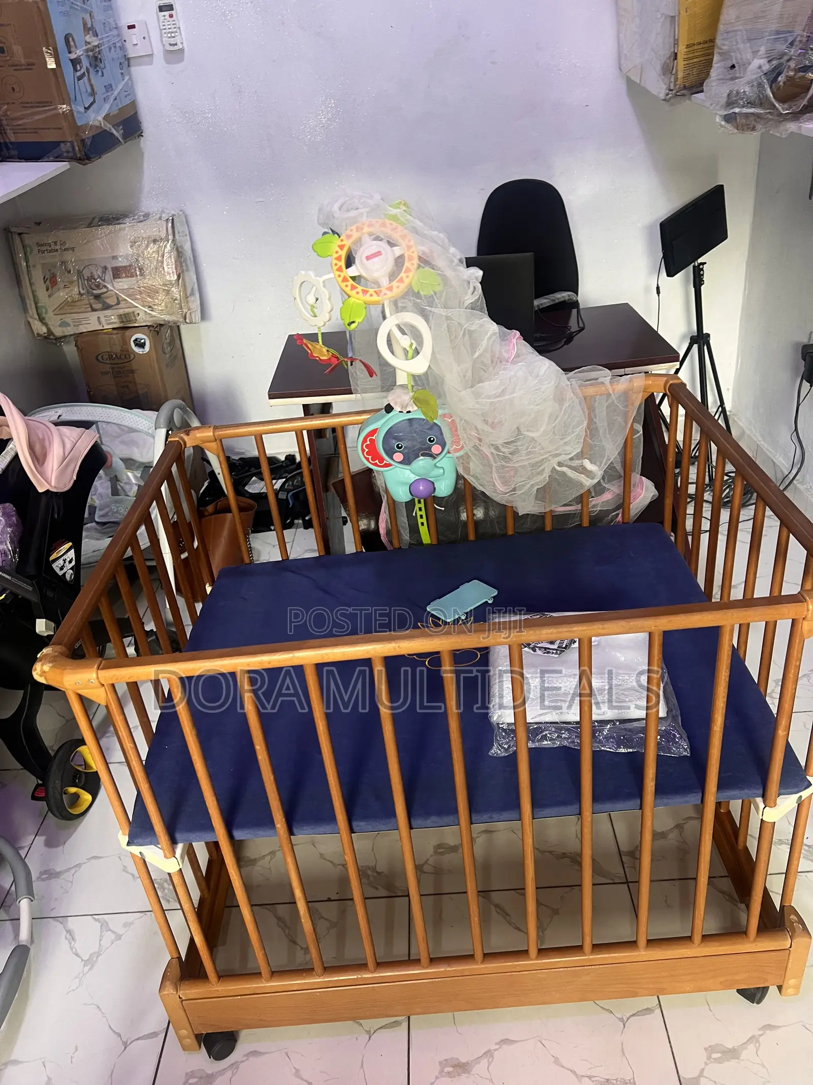Imported Portable and Foldable Wooden Baby Crib With Musical Rattle