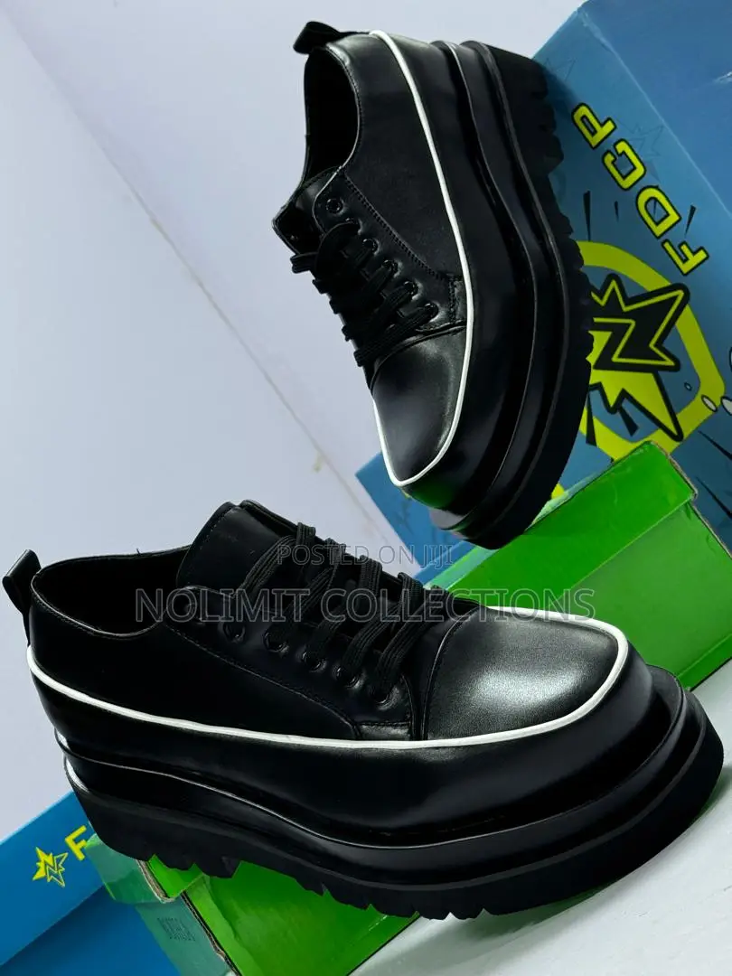 Black Lace Up Platform Shoes With White Piping Details