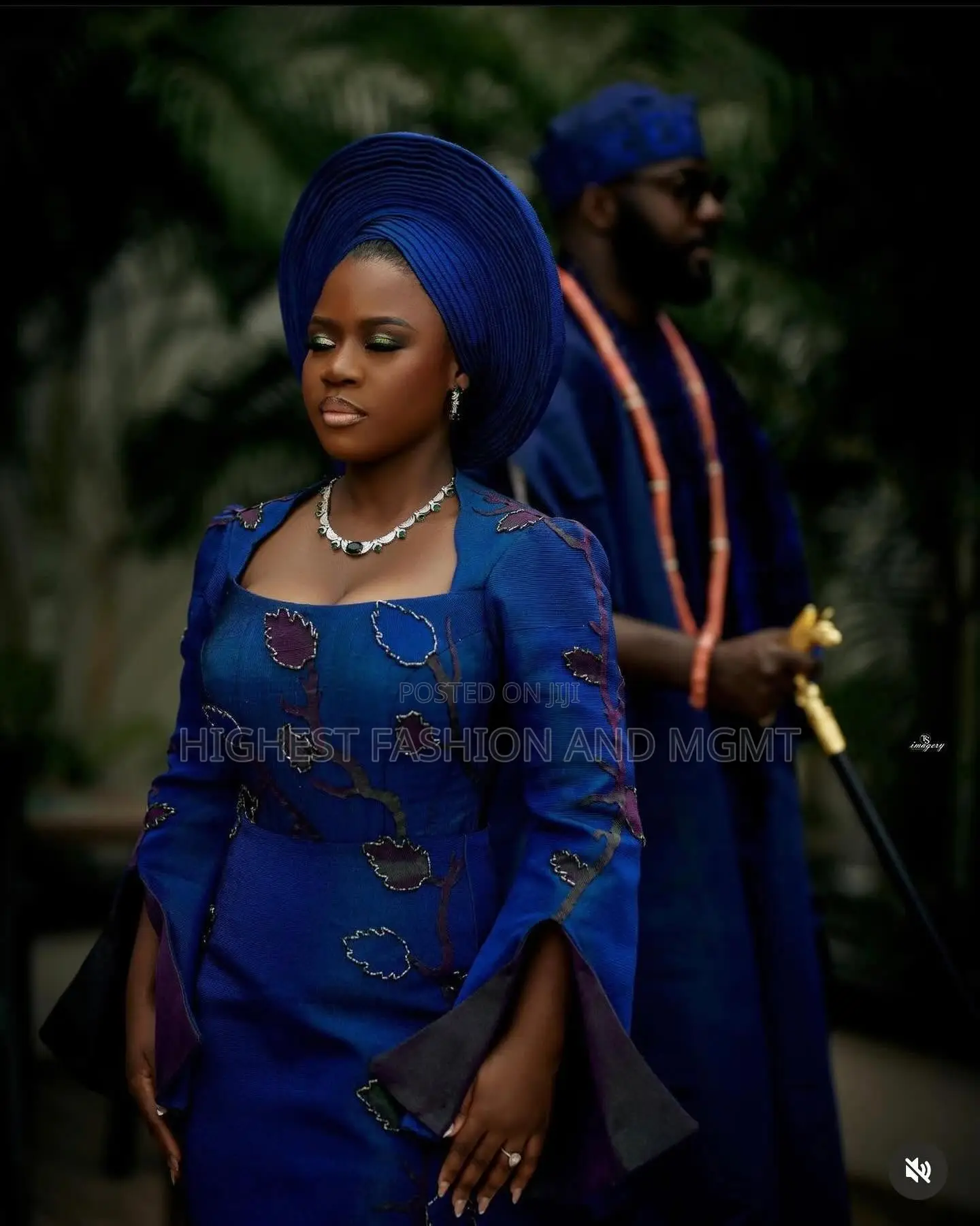 Royal Blue Gown With Beaded Vine Embellishments Textured Navy Agbada
