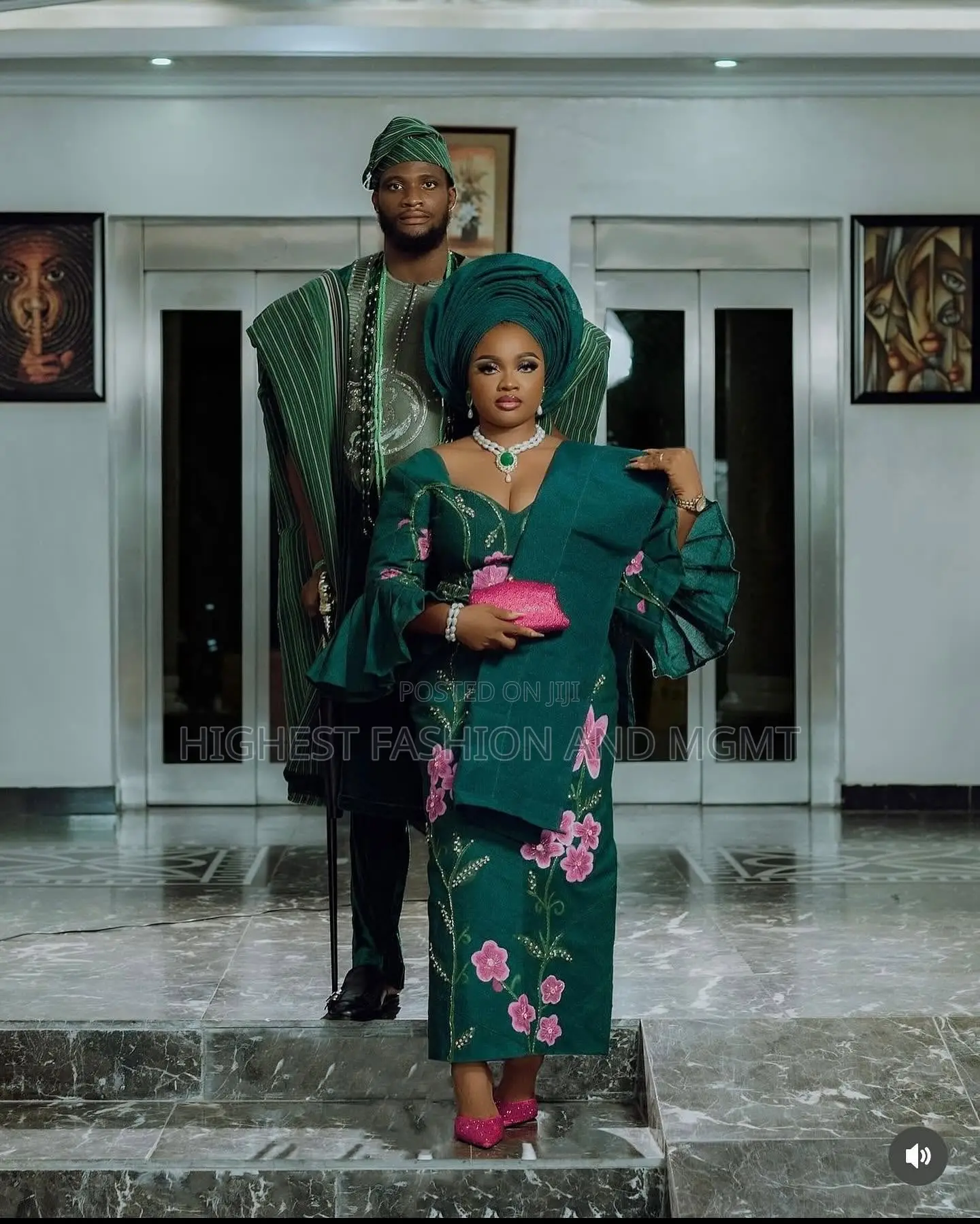 Green Embroidered Gown With Ruffled Sleeves Striped Green Agbada