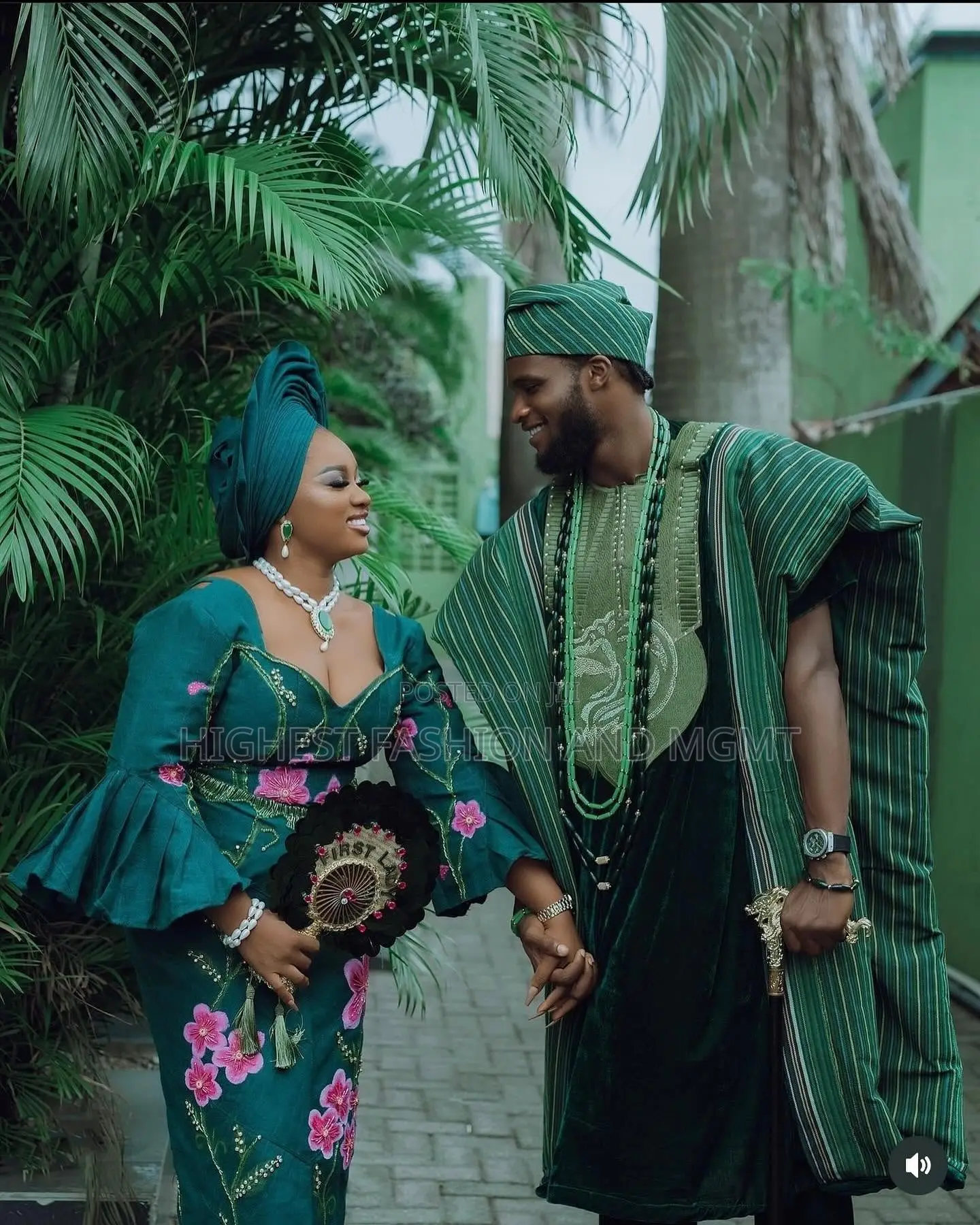 Green Embroidered Gown With Ruffled Sleeves Striped Green Agbada