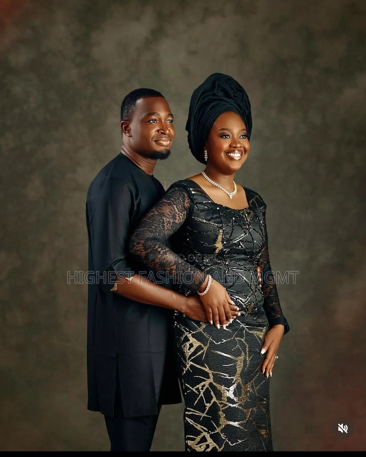Black Gold Abstract Lace Gown With Gele Sleek Black Senator Set