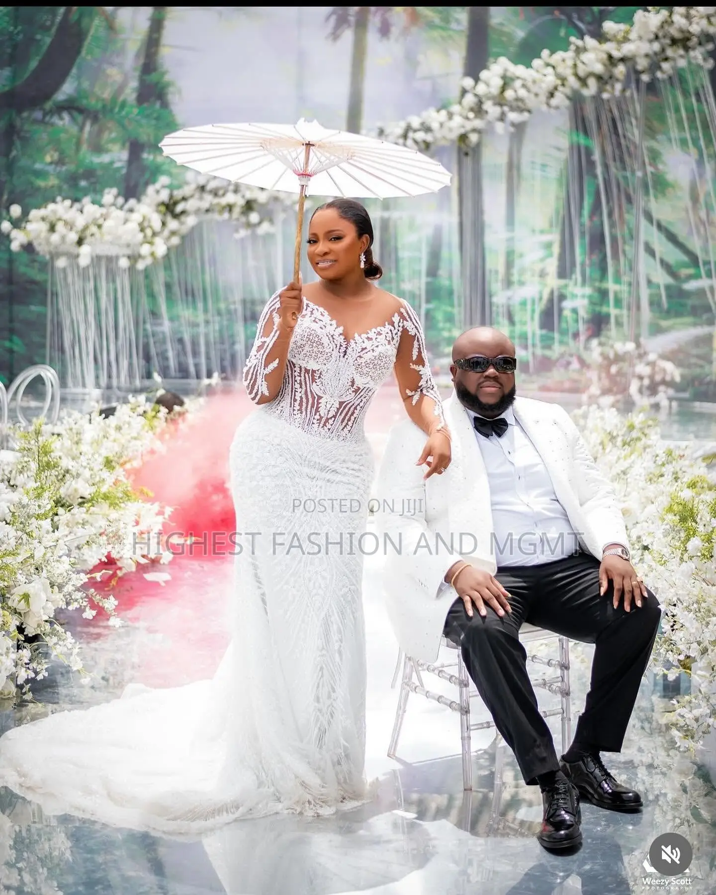 Luxury White Illusion-Lace Bridal Couple Set