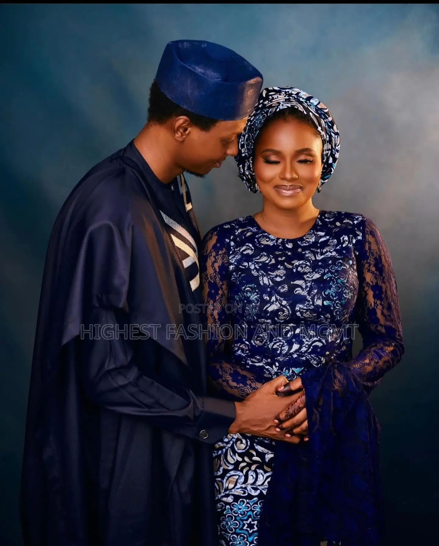 Ankara and Lace Fusion Gown and Midnight Blue Senator