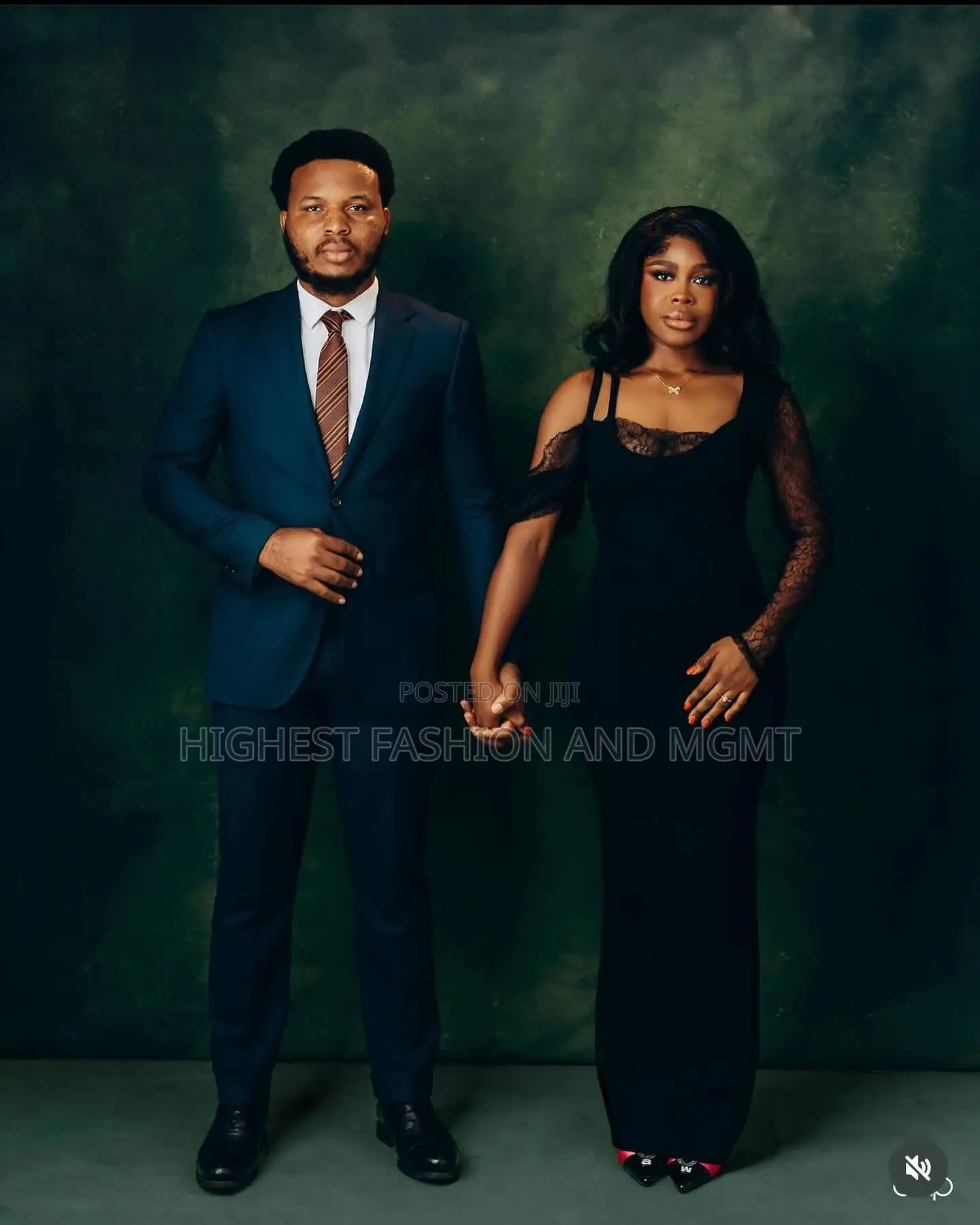 Black Floor-Length Evening Gown and Navy Blue Tailored Suit