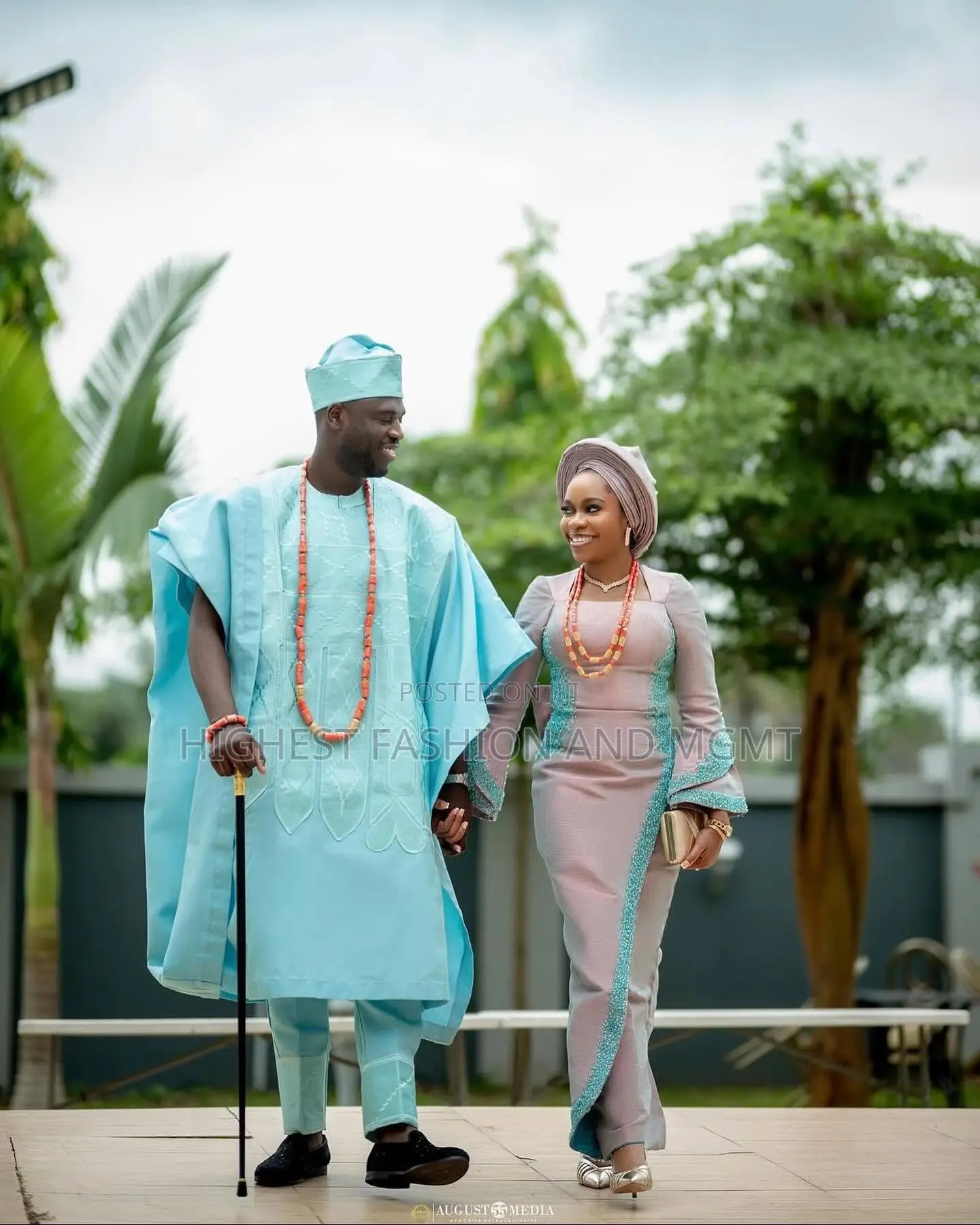 Mauve Gown and Sky Blue Agbada Set