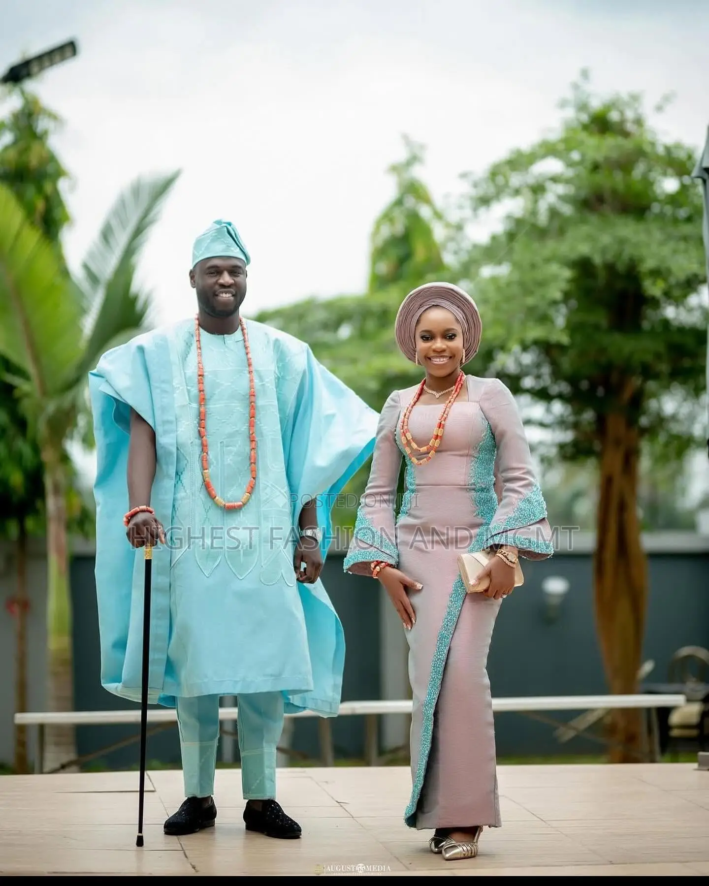 Mauve Gown and Sky Blue Agbada Set