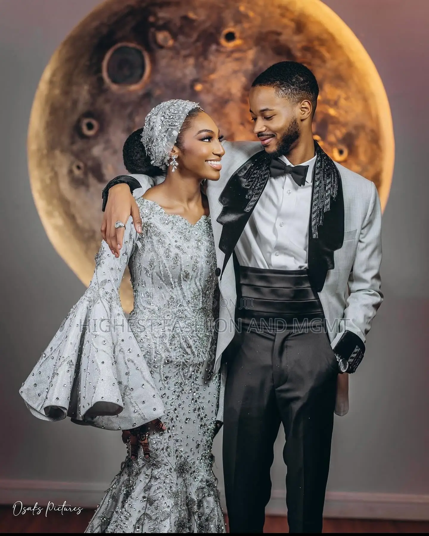 Silver Beaded Mermaid Gown and Grey Tuxedo