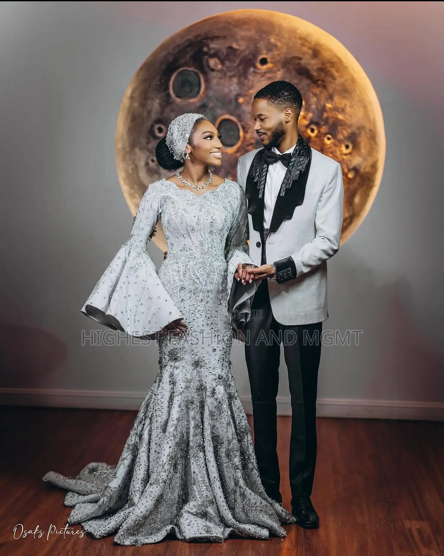 Silver Beaded Mermaid Gown and Grey Tuxedo