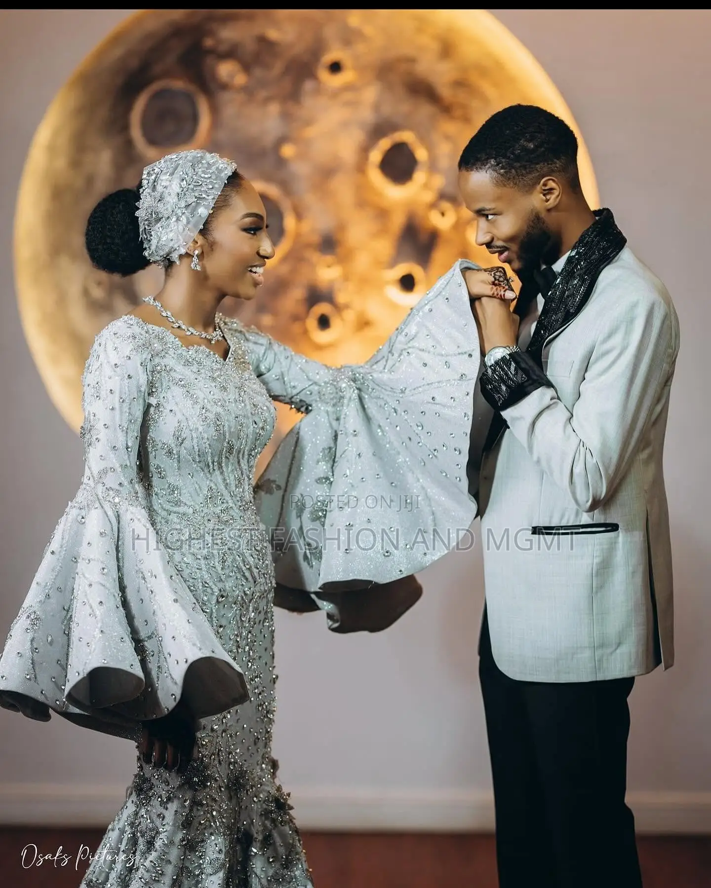 Silver Beaded Mermaid Gown and Grey Tuxedo