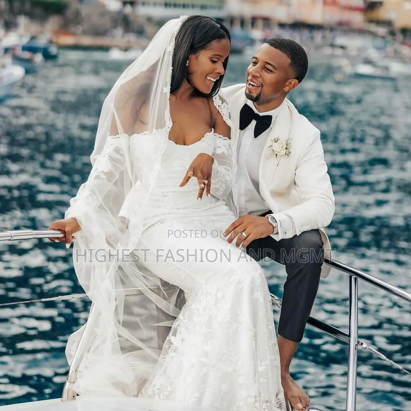 Off Shoulder Lace Mermaid Gown and Tuxedo Suit With Black Trousers