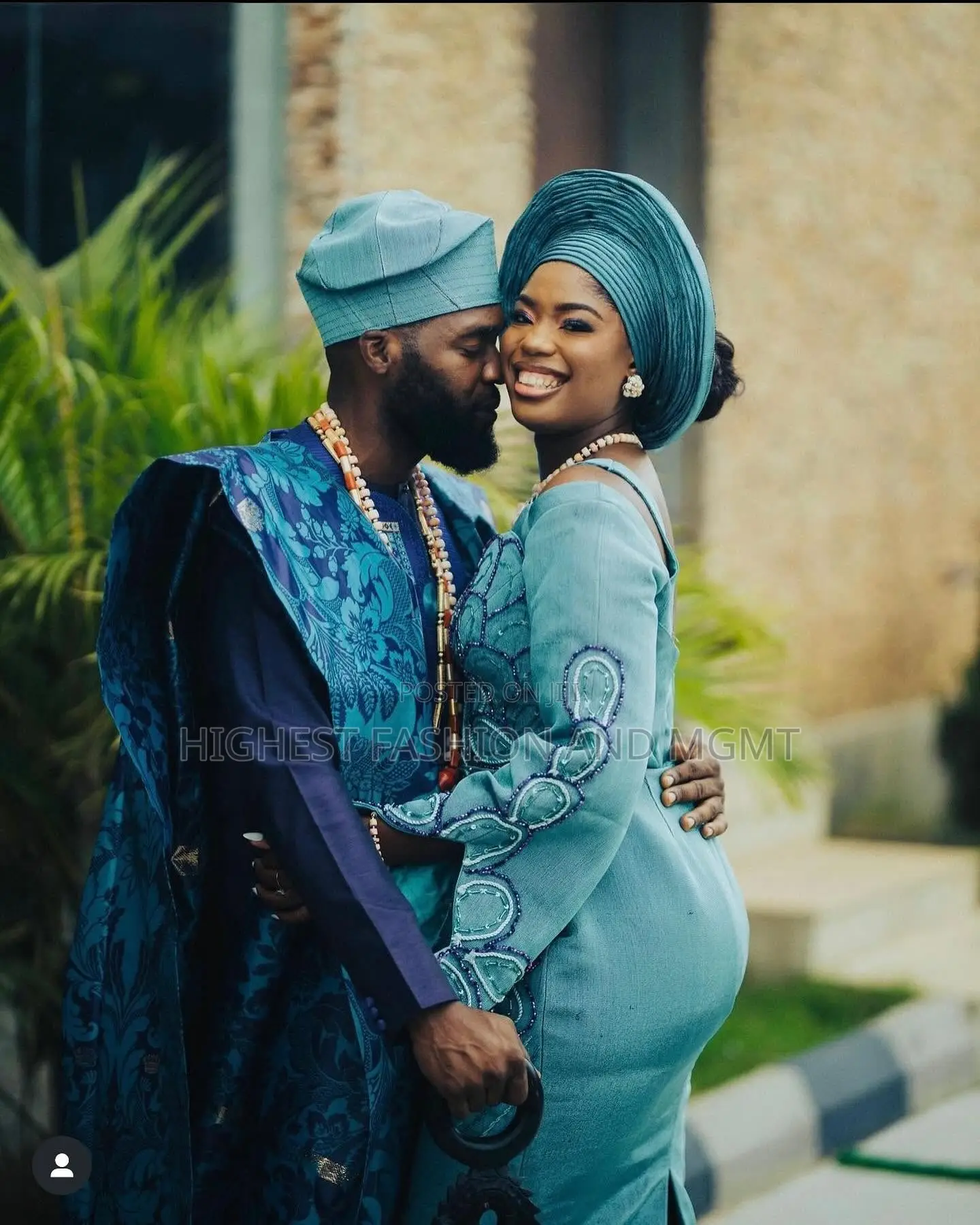 Teal Aso-Ebi Gown and Patterned Agbada