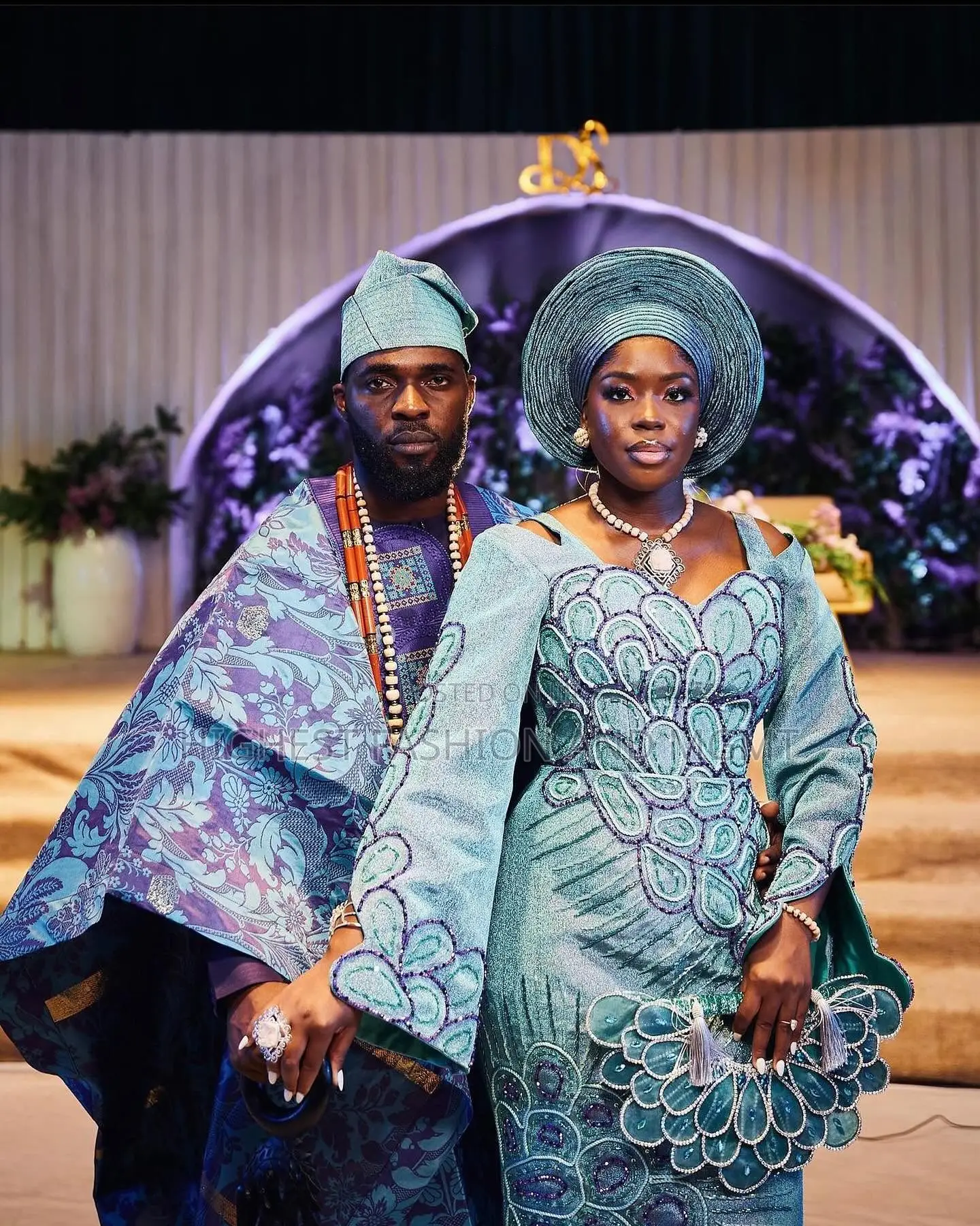 Teal Aso-Ebi Gown and Patterned Agbada