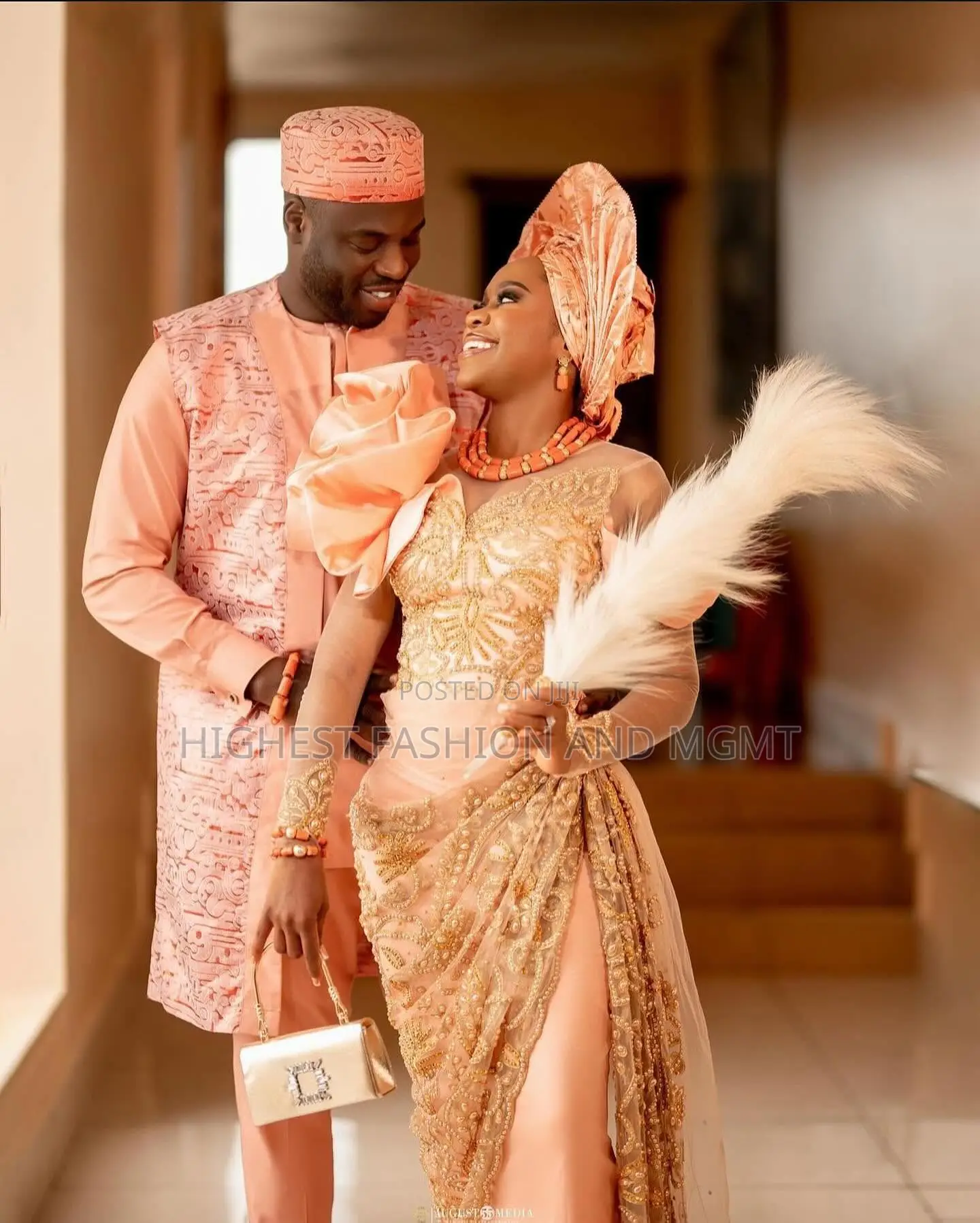Peach Lace Gown and Peach Agbada Set