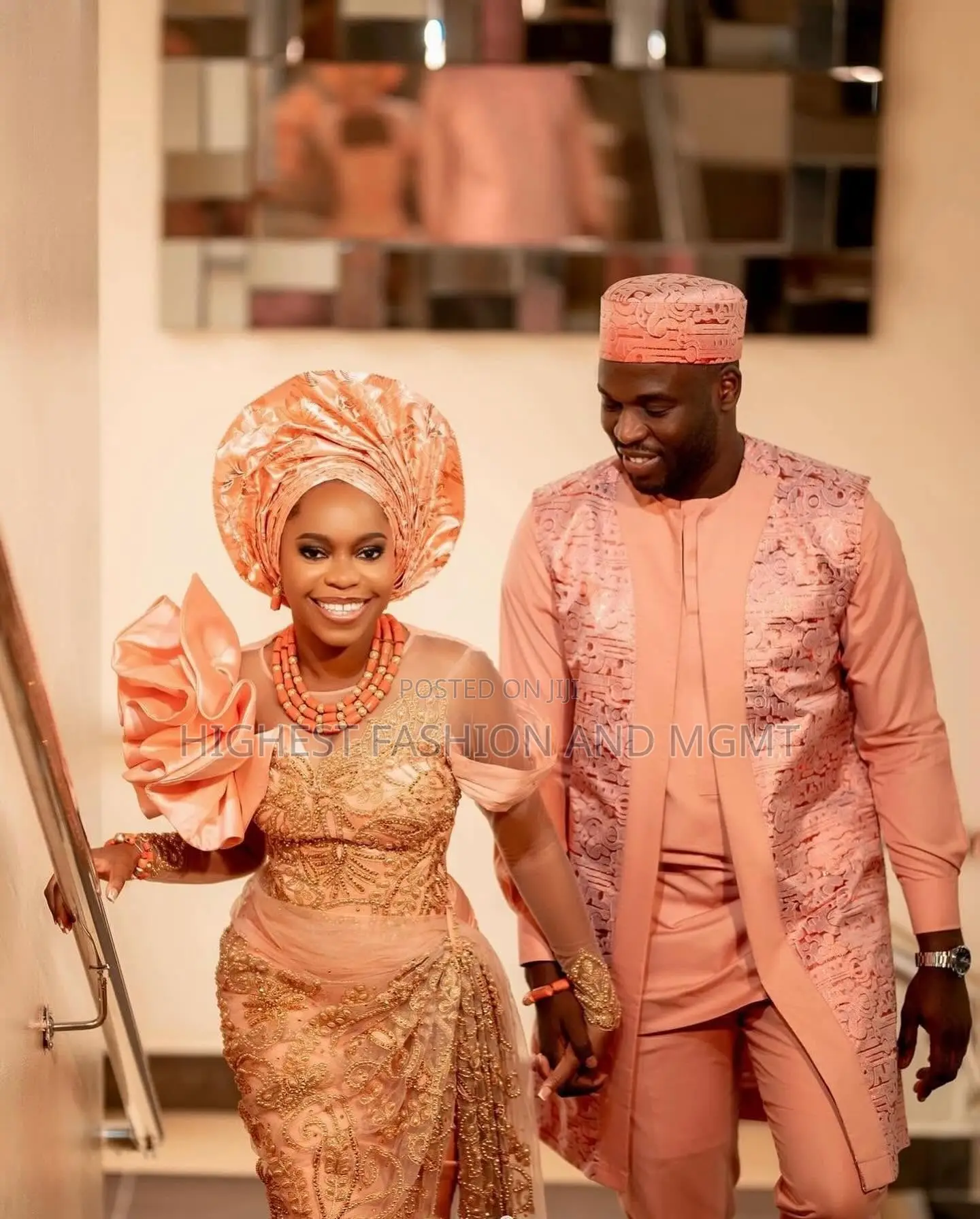 Peach Lace Gown and Peach Agbada Set