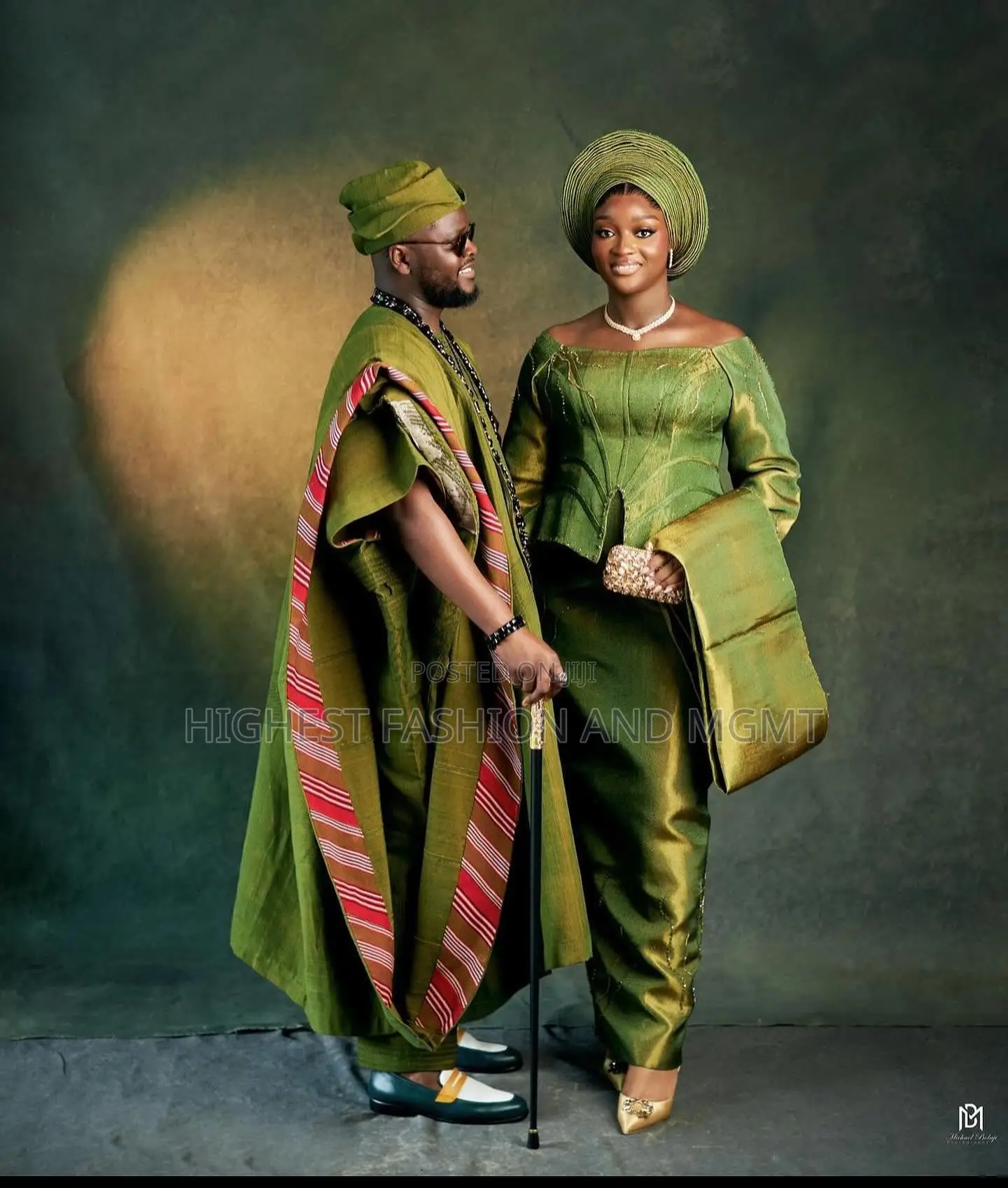 Olive Silk Gown and Olive Striped Agbada