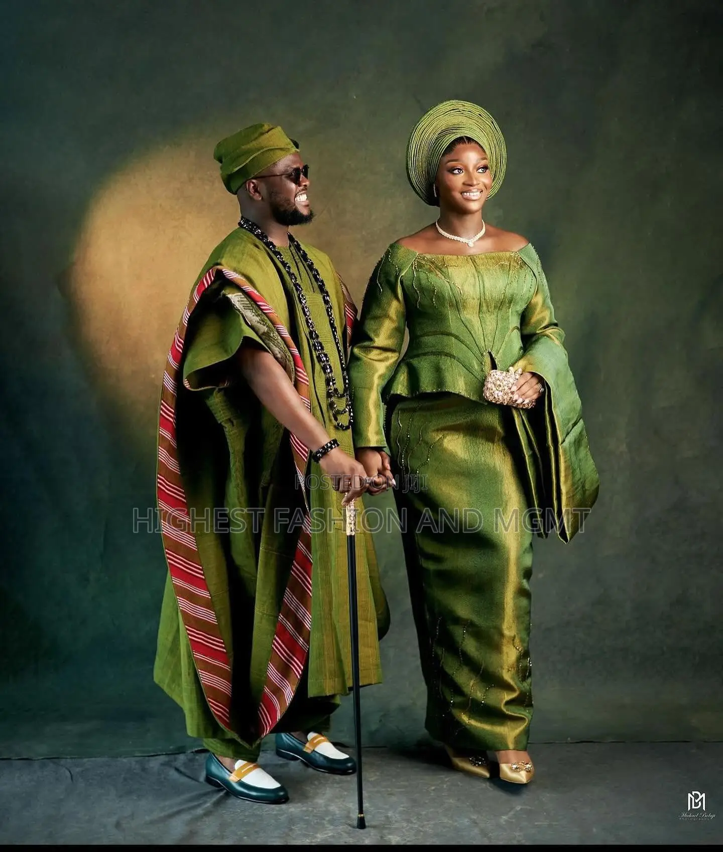 Olive Silk Gown and Olive Striped Agbada
