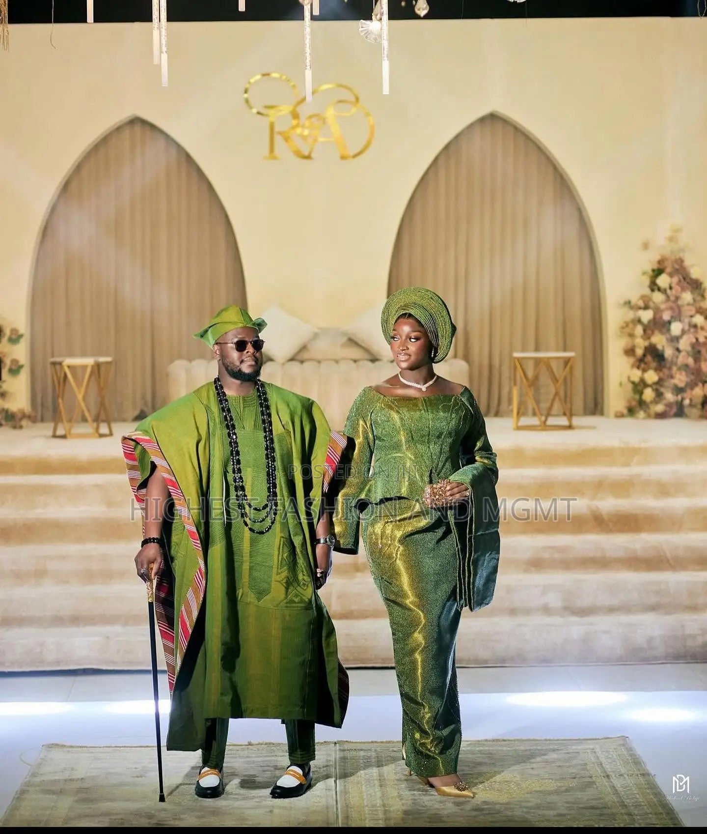 Olive Silk Gown and Olive Striped Agbada