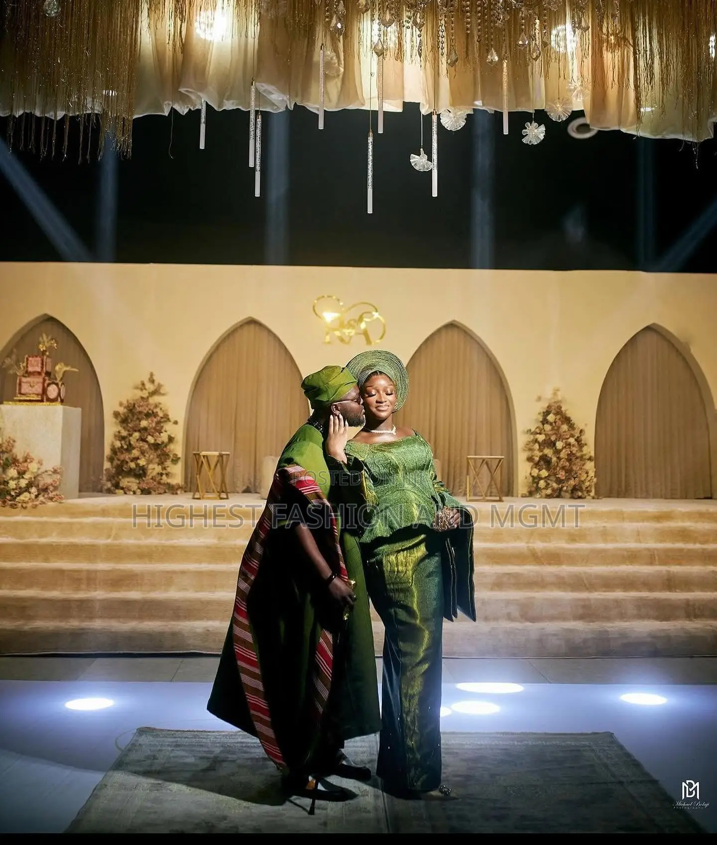 Olive Silk Gown and Olive Striped Agbada