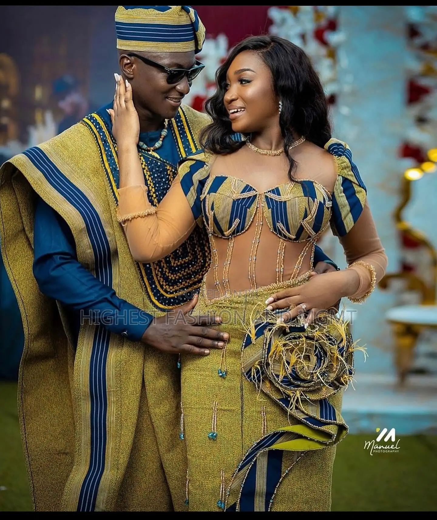 Gold-Navy Corset Gown and Gold-Navy Agbada Set