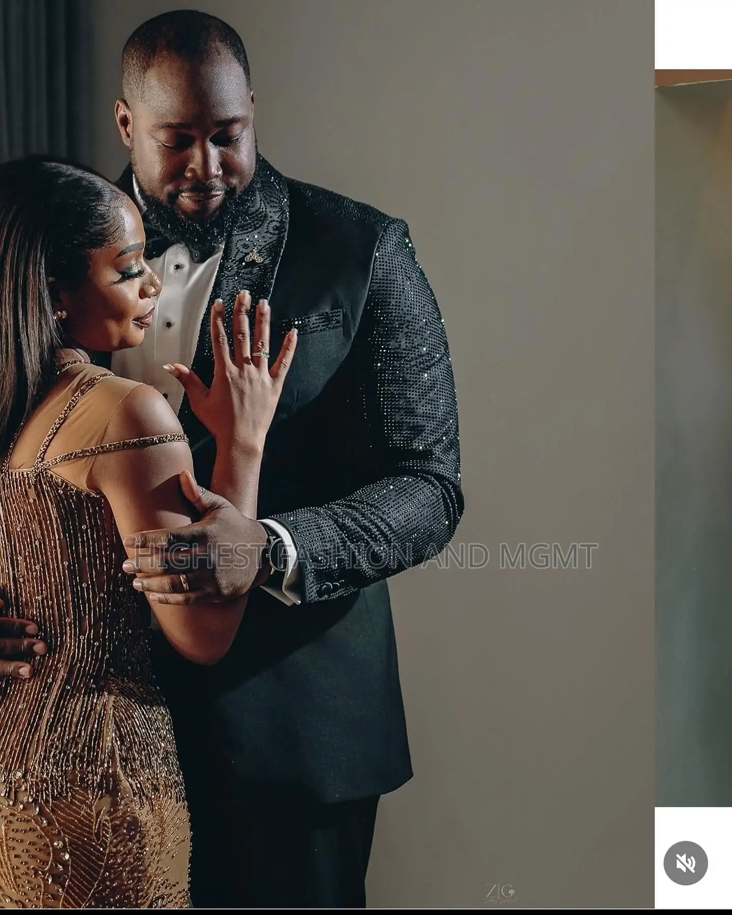 Gold Beaded Gown and Embellished Black Tuxedo