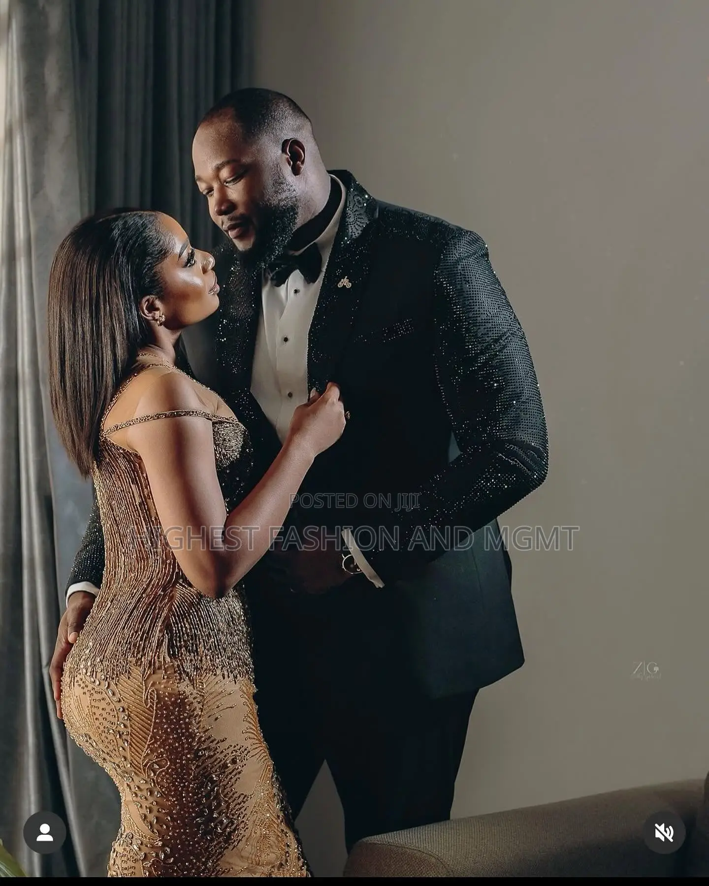 Gold Beaded Gown and Embellished Black Tuxedo