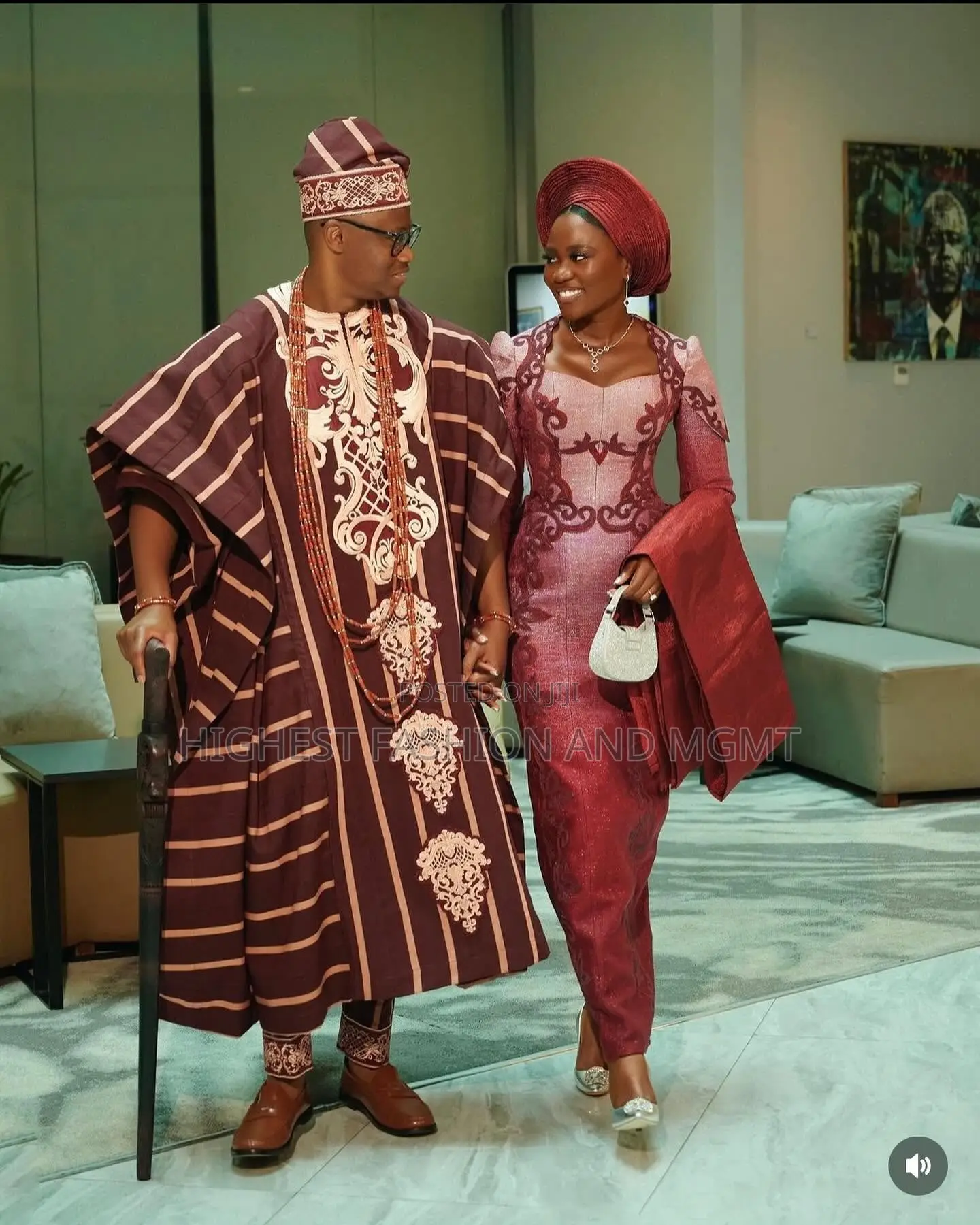 Burgundy Long Gown With Matching Colour Agbada With Embroidery