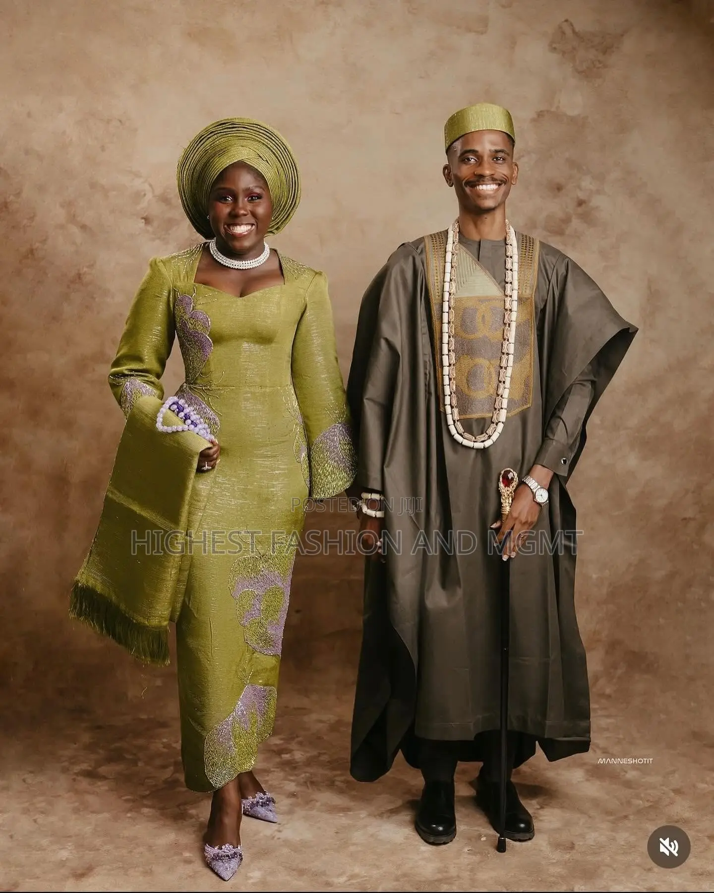 Olive Beaded Gown and Slate Agbada Outfit