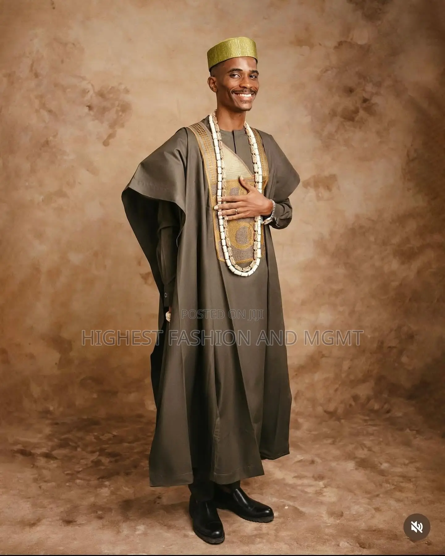Olive Beaded Gown and Slate Agbada Outfit