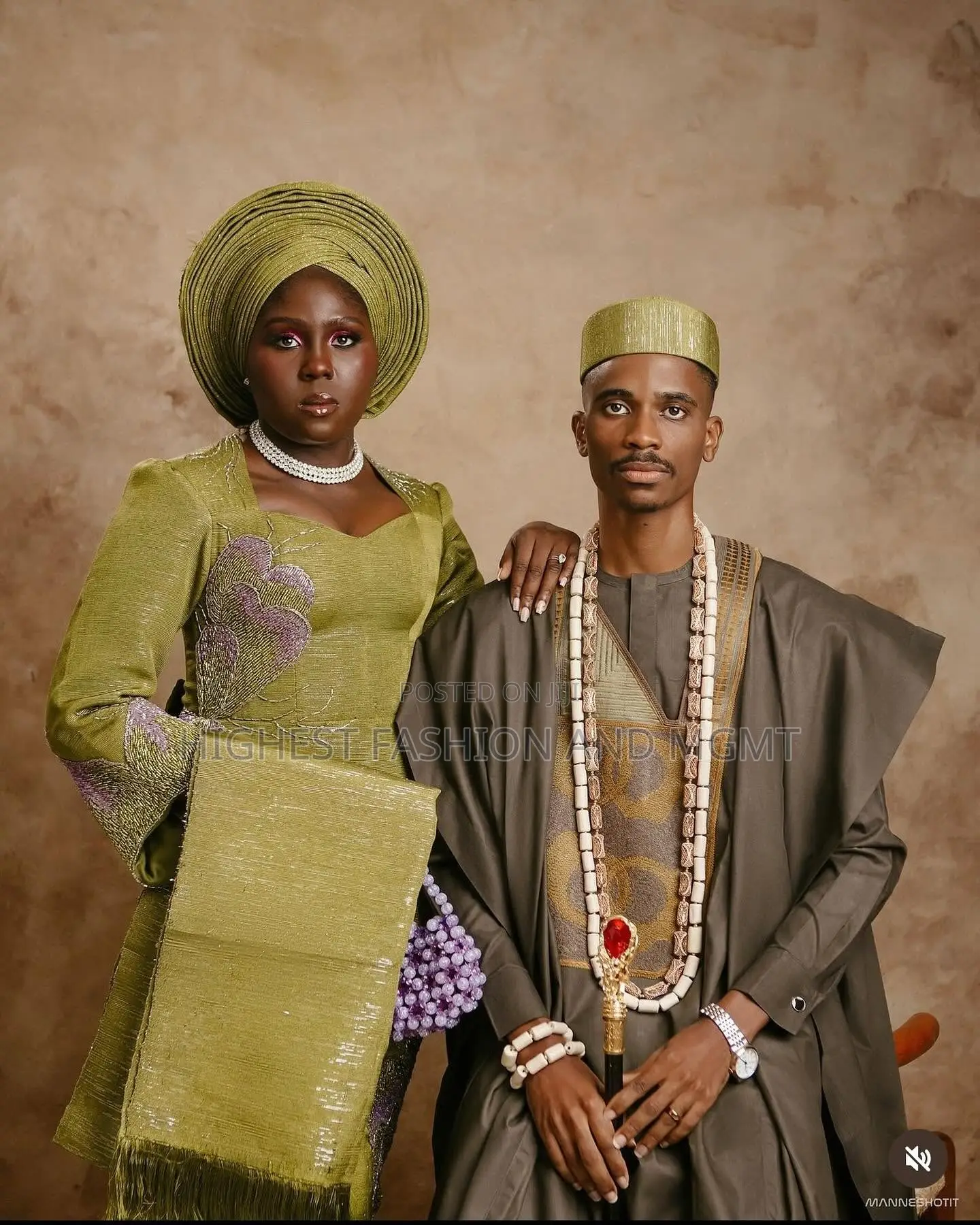 Olive Beaded Gown and Slate Agbada Outfit
