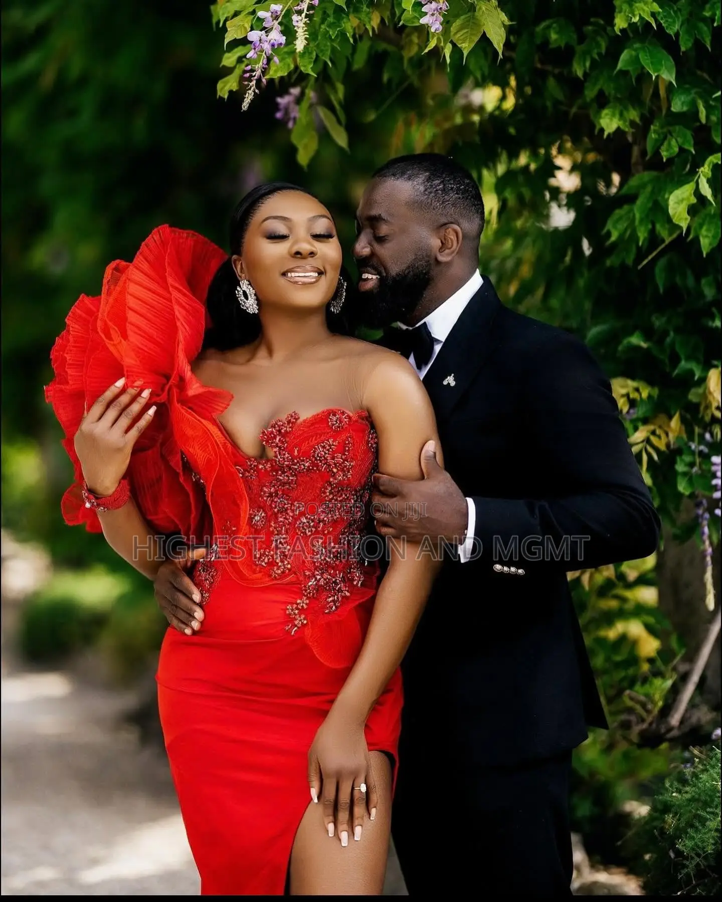 Red Split Leg Gown and Black Suit