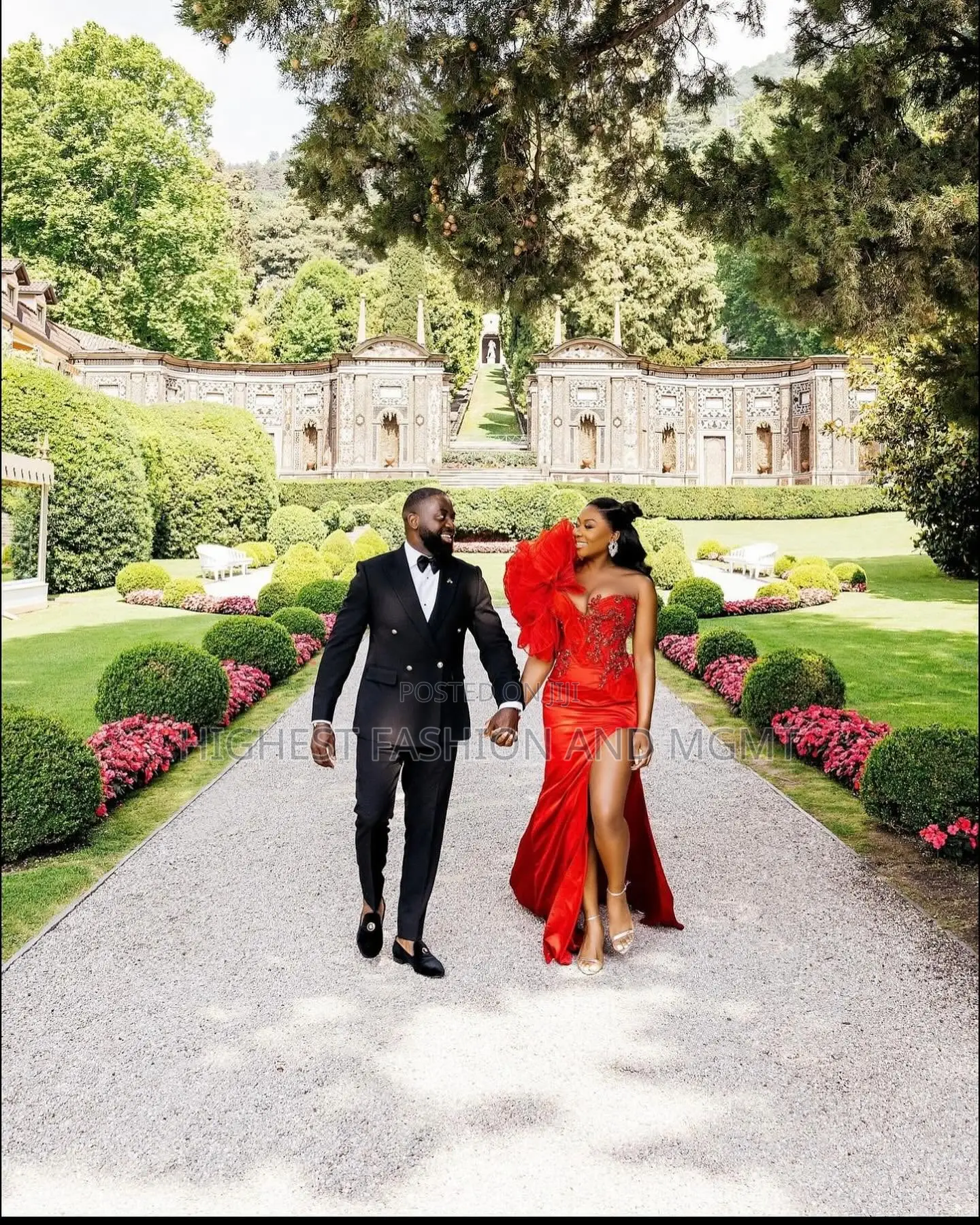 Red Split Leg Gown and Black Suit