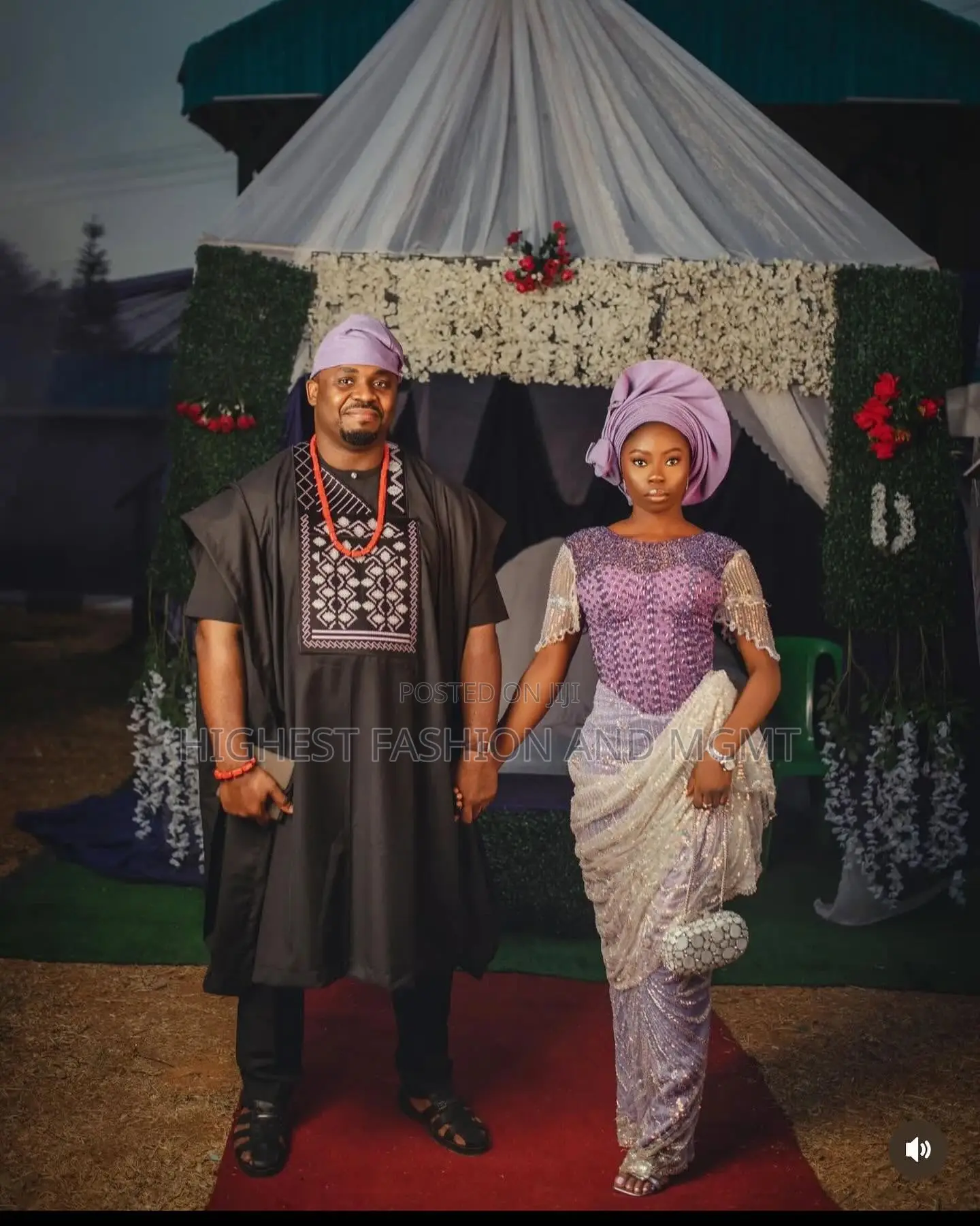 Beaded Lavender Lace Gown and Embroidered Black Agbada