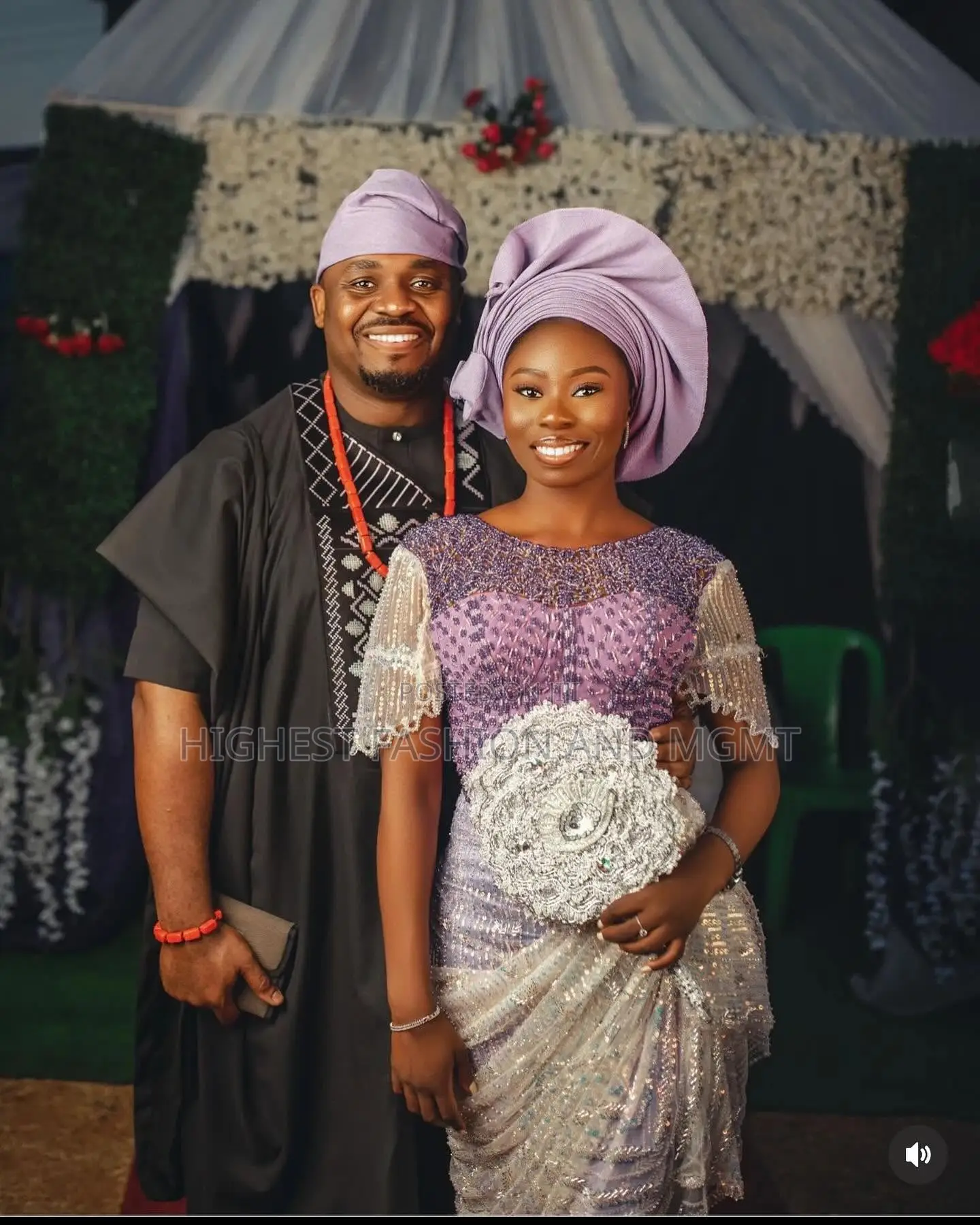 Beaded Lavender Lace Gown and Embroidered Black Agbada