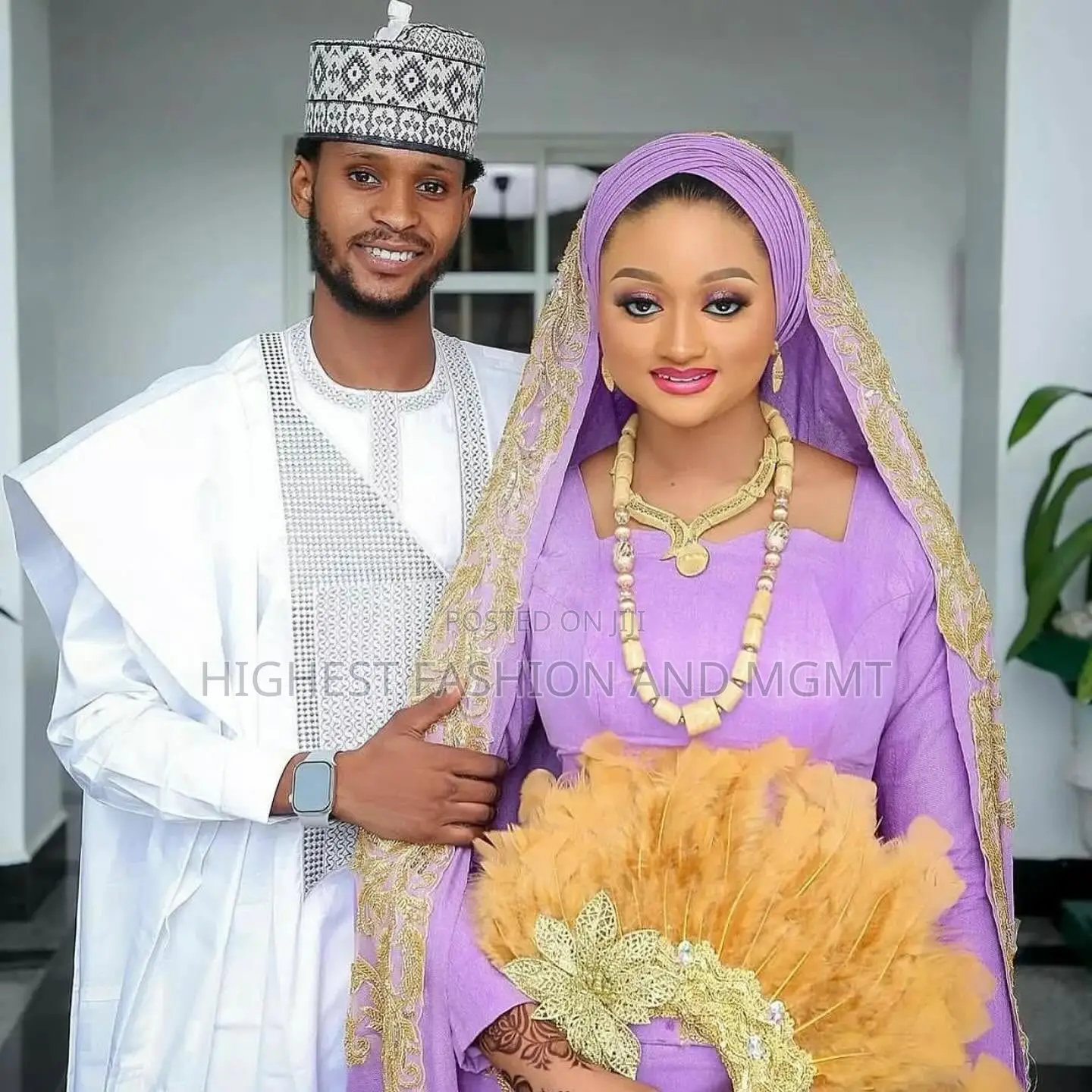 Lilac Gown With Gold Detail and White Embroidered Kaftan