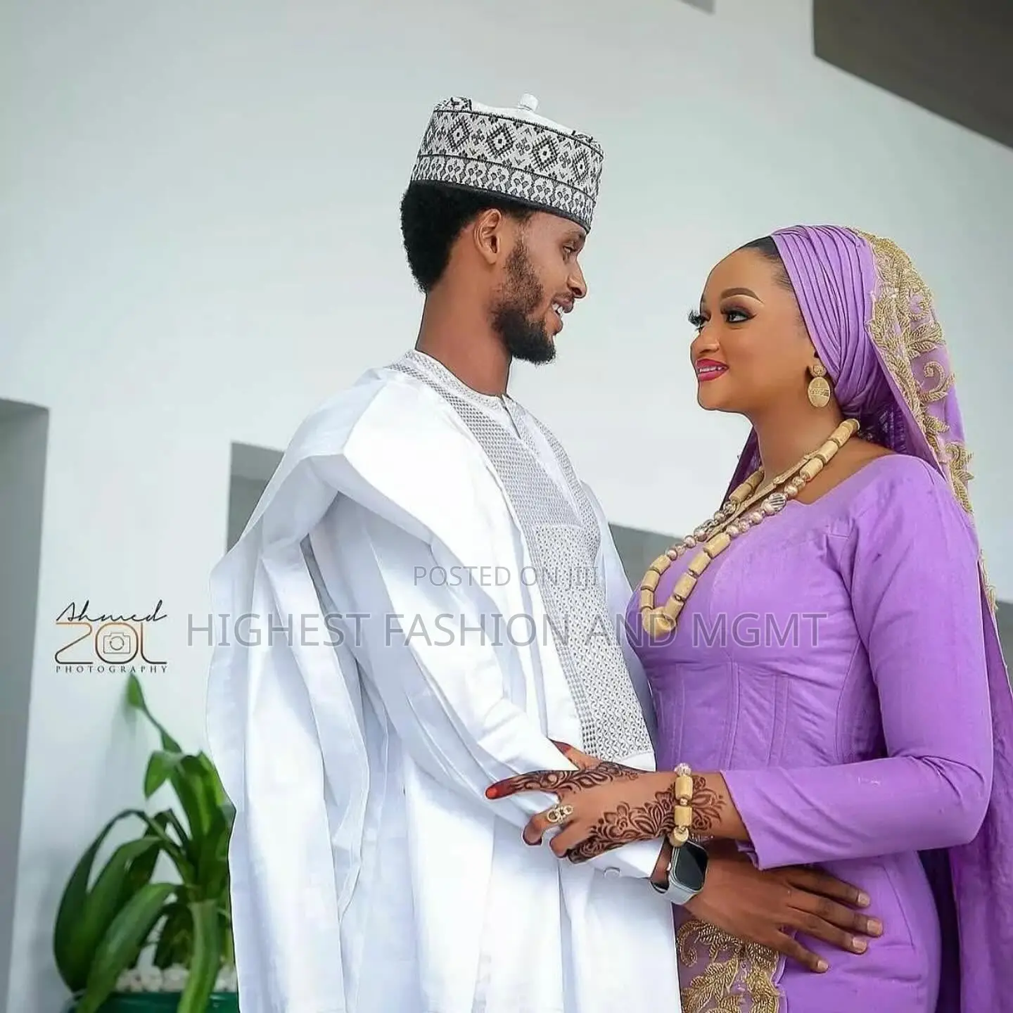 Lilac Gown With Gold Detail and White Embroidered Kaftan