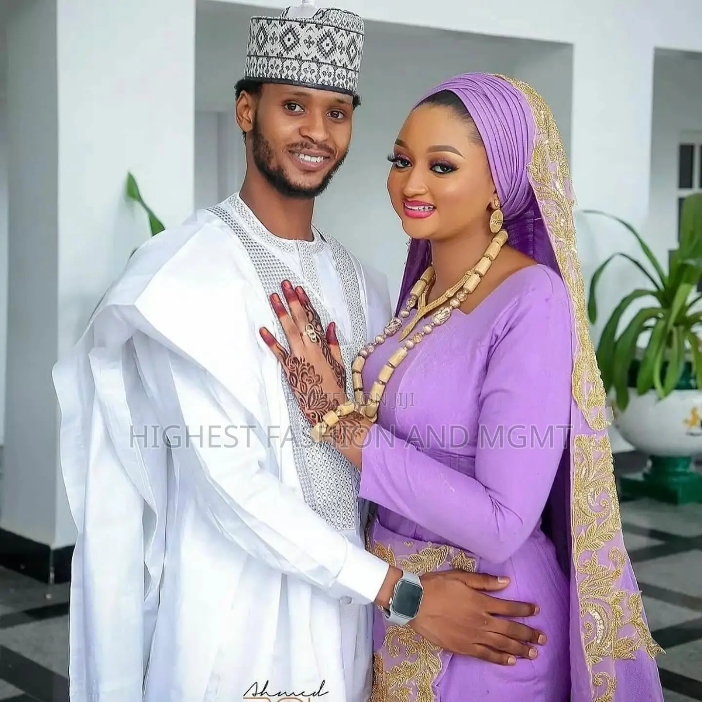 Lilac Gown With Gold Detail and White Embroidered Kaftan