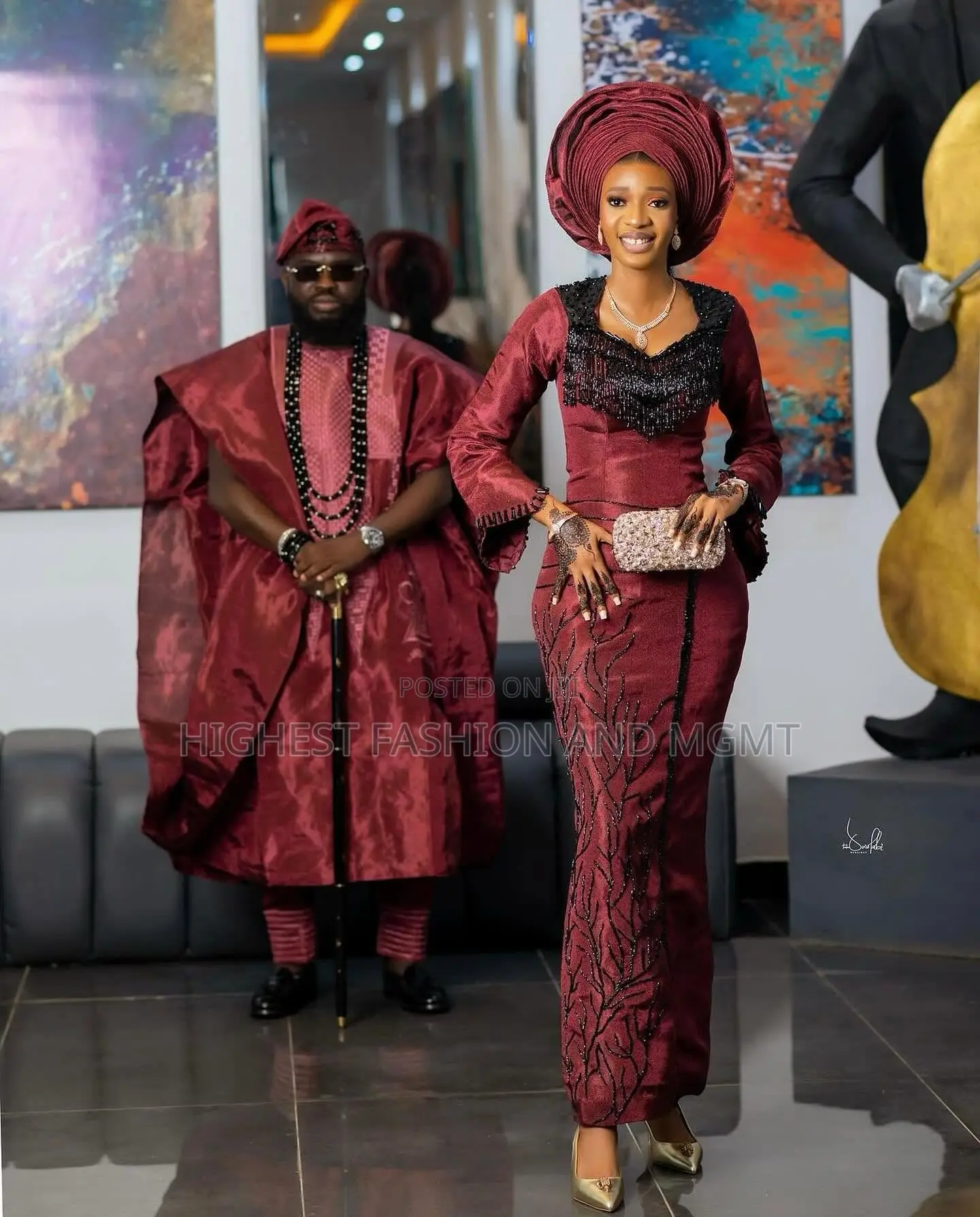 Burgundy Gown With Black Beaded Detail and Burgundy Agbada Set
