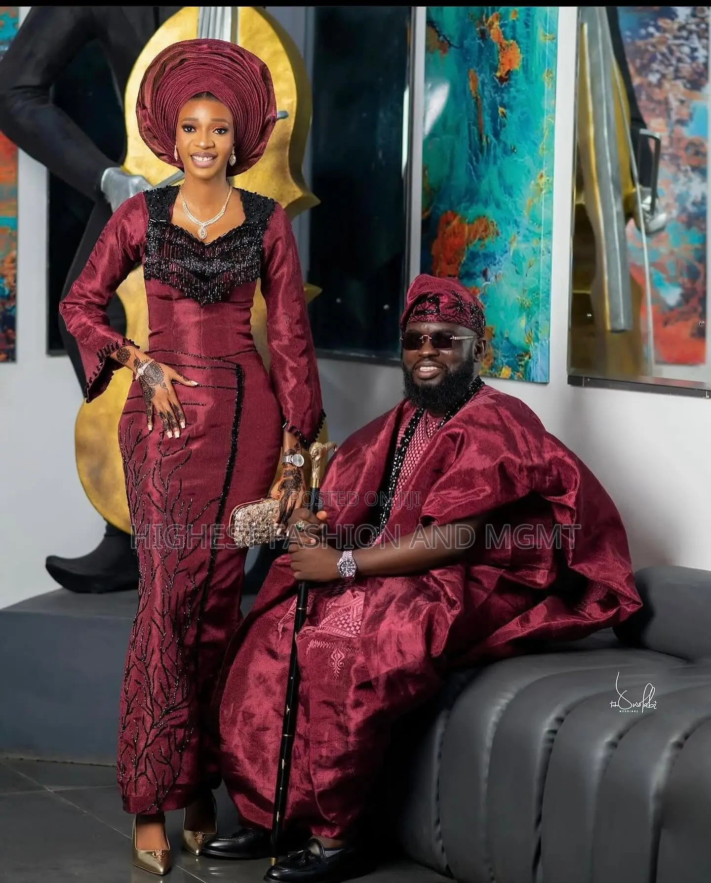 Burgundy Gown With Black Beaded Detail and Burgundy Agbada Set