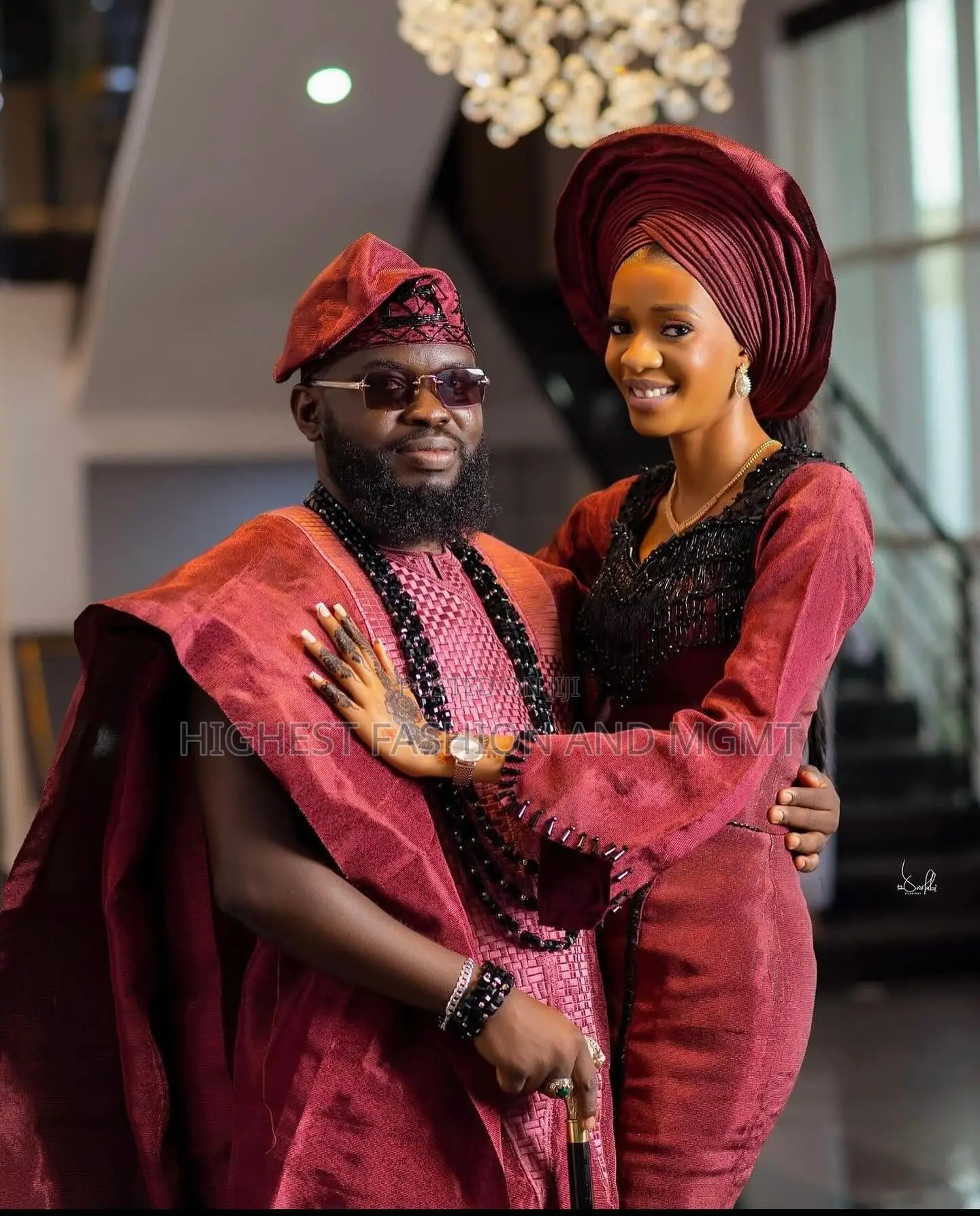 Burgundy Gown With Black Beaded Detail and Burgundy Agbada Set
