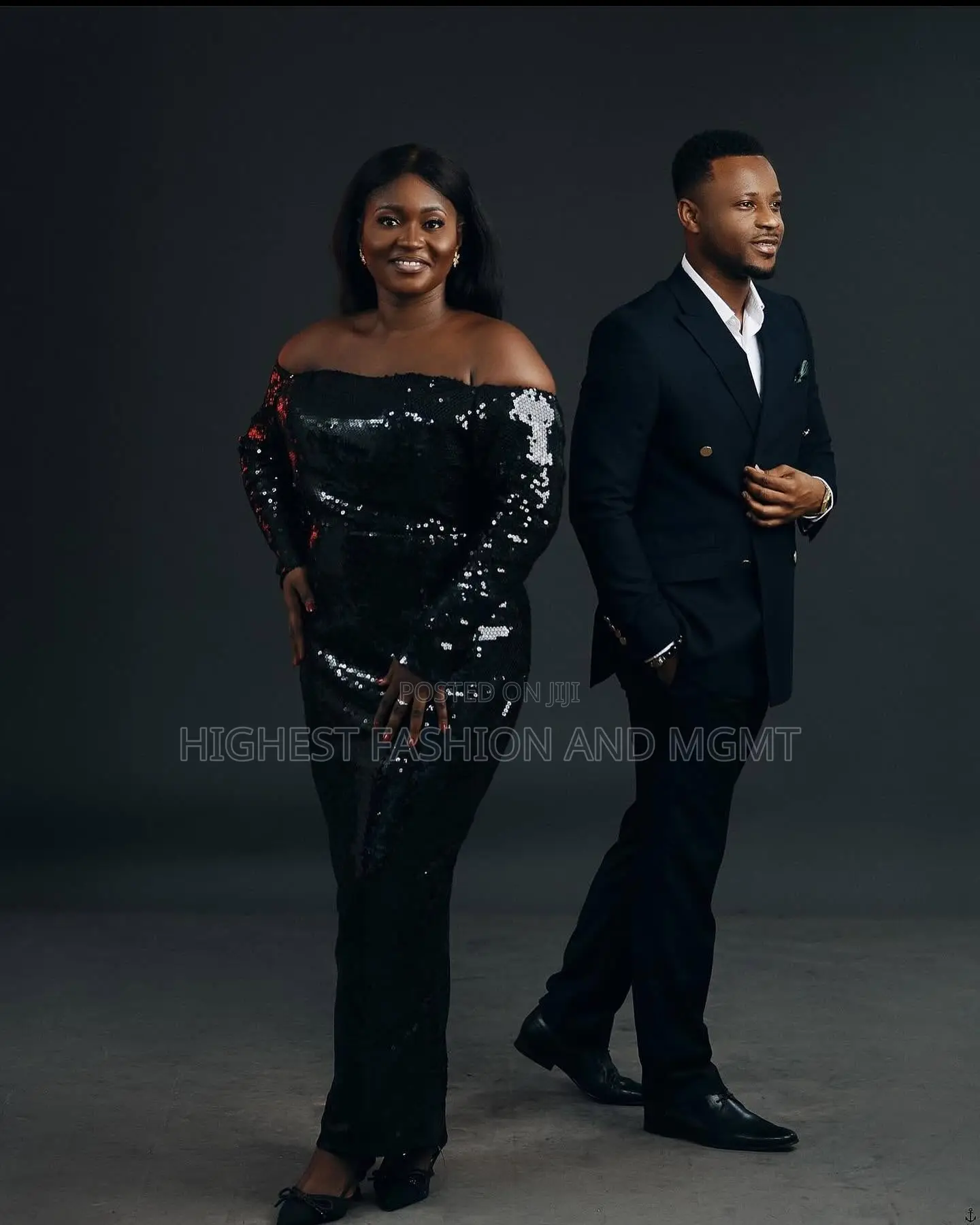Black Sequin Gown and Navy Blue Double-Breasted Suit