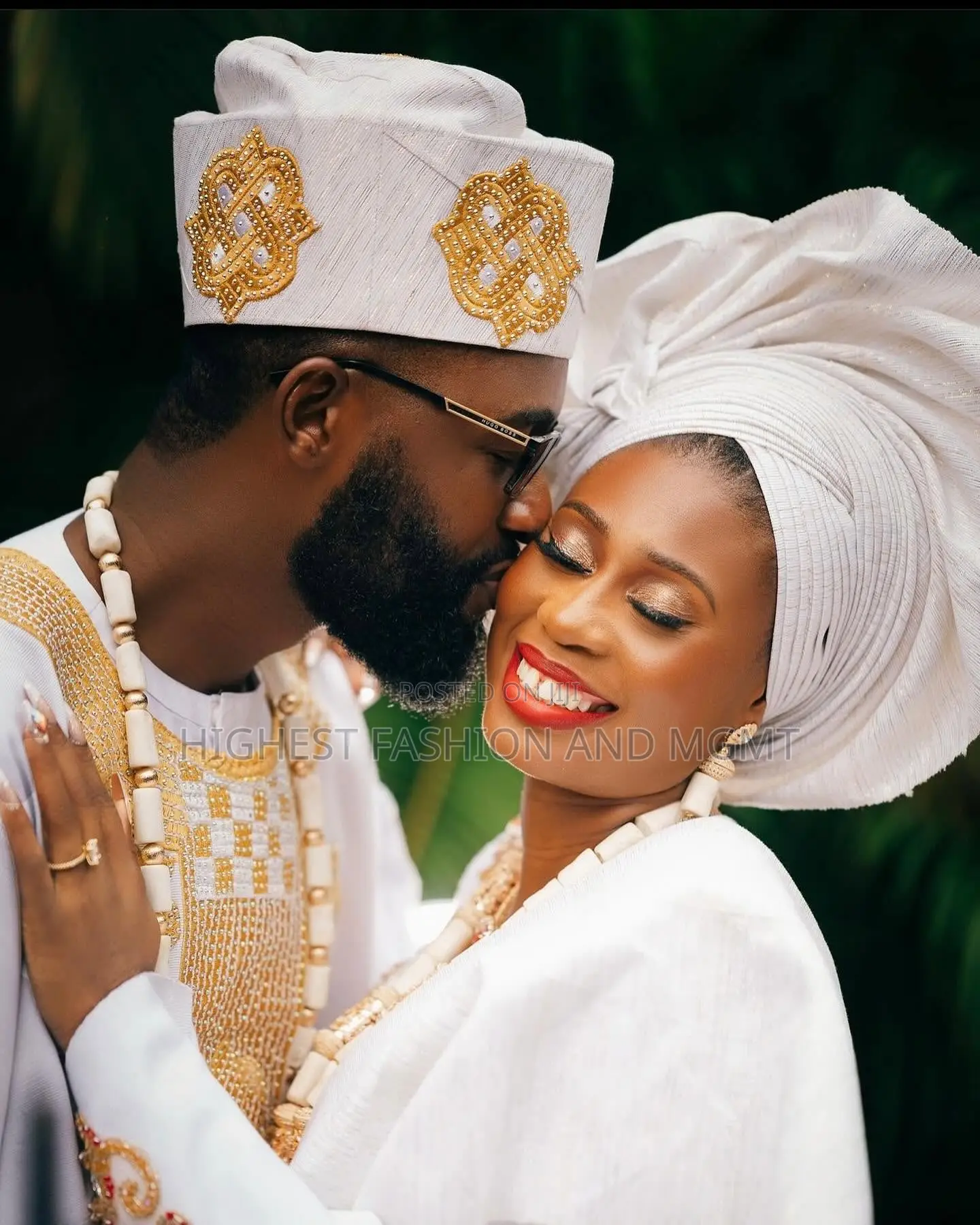 Embellished White Gown and White Agbada With Gold Accents