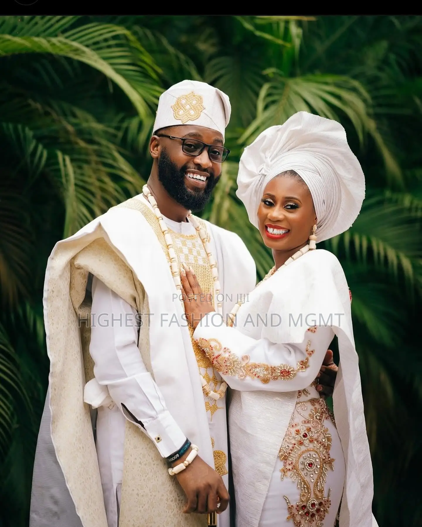 Embellished White Gown and White Agbada With Gold Accents
