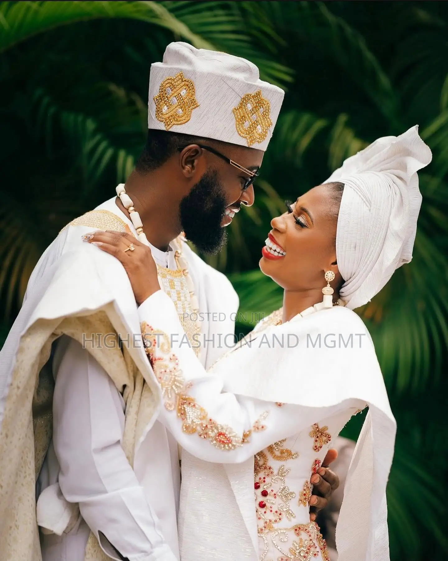 Embellished White Gown and White Agbada With Gold Accents